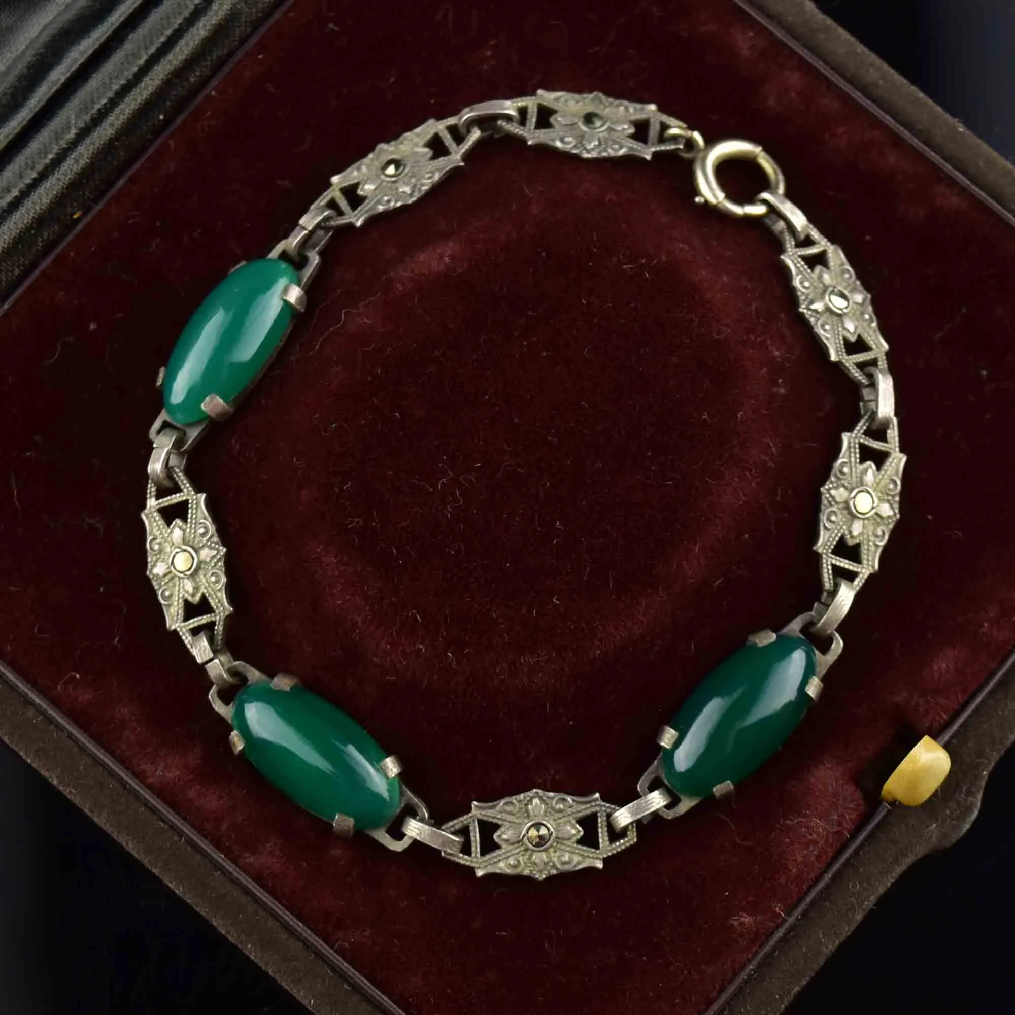 Art Deco Sterling Silver Chrysoprase Marcasite Bracelet