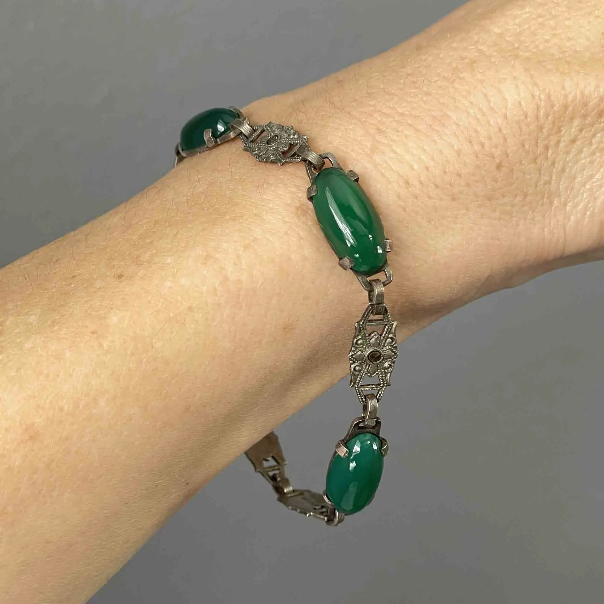 Art Deco Sterling Silver Chrysoprase Marcasite Bracelet