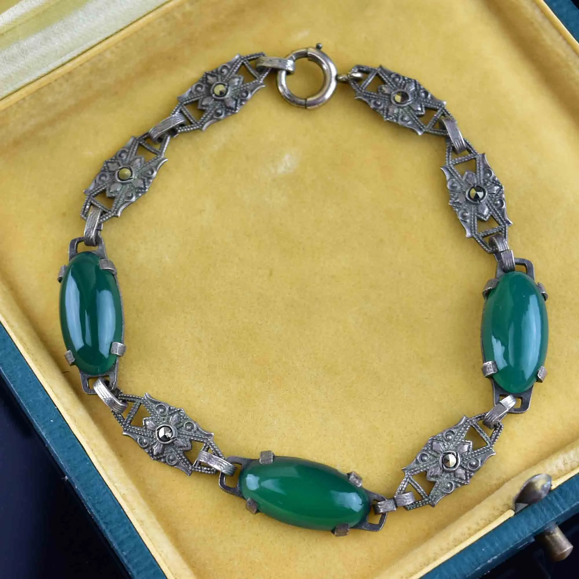 Art Deco Sterling Silver Chrysoprase Marcasite Bracelet