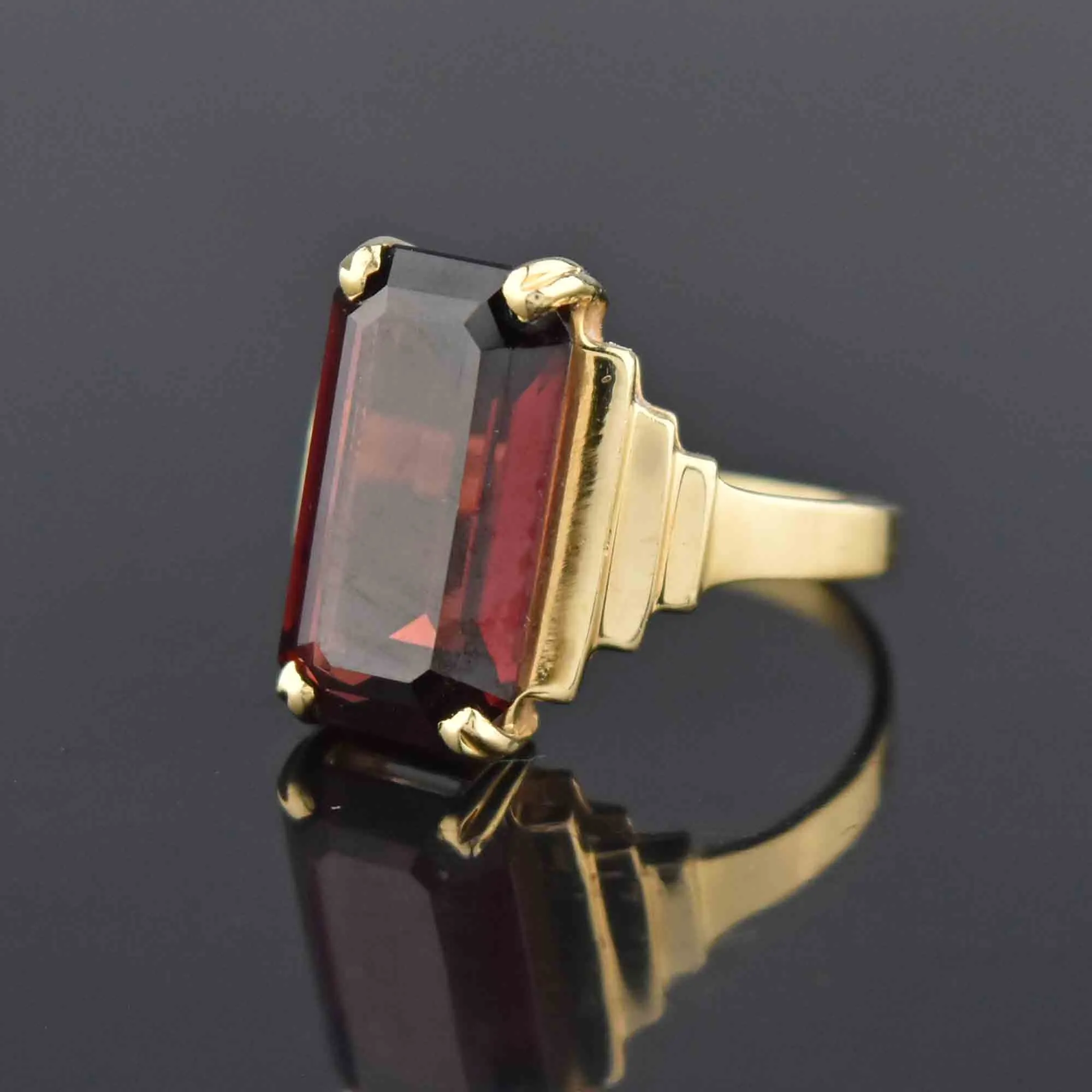 Art Deco Style 14K Gold Garnet Ring, Sz 6