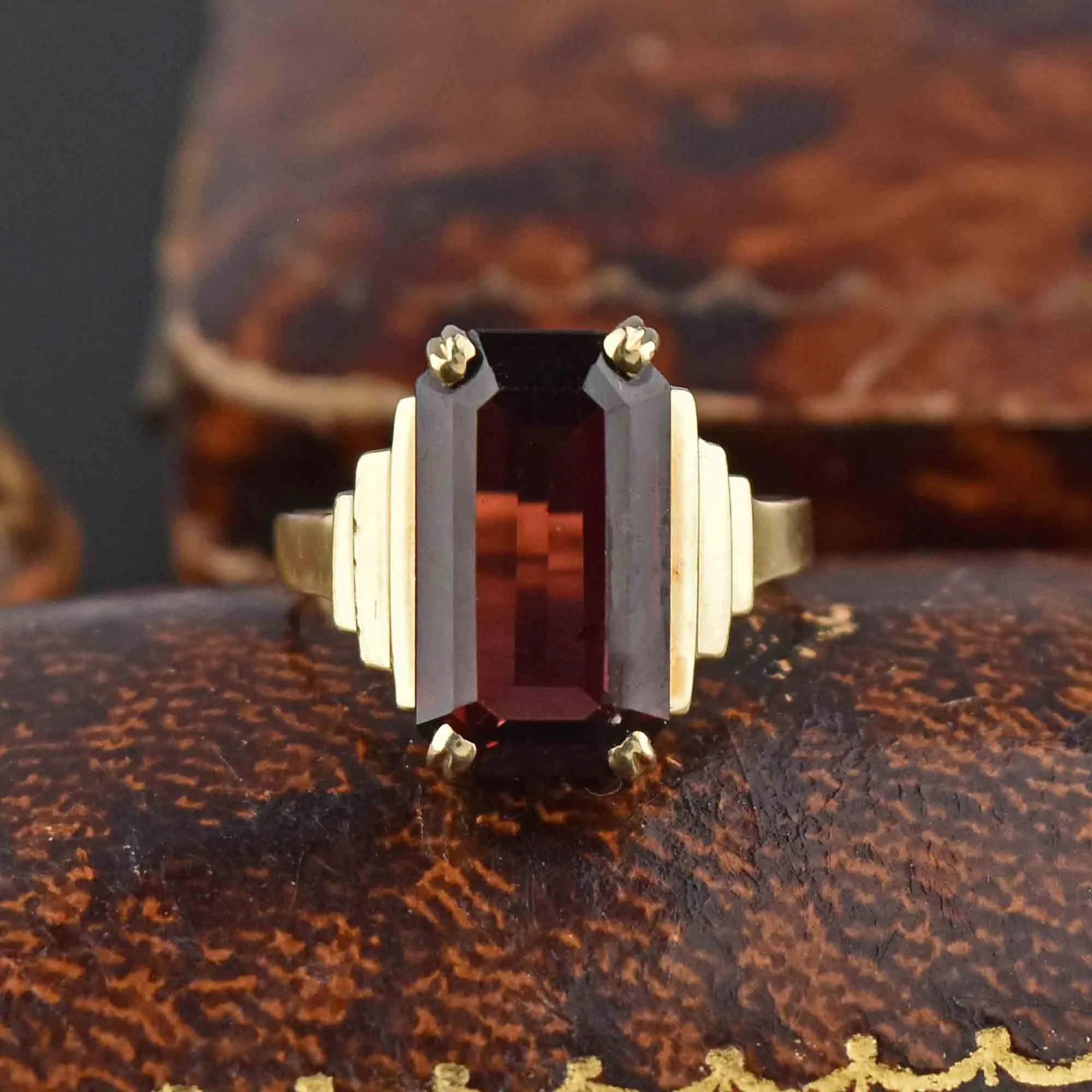 Art Deco Style 14K Gold Garnet Ring, Sz 6