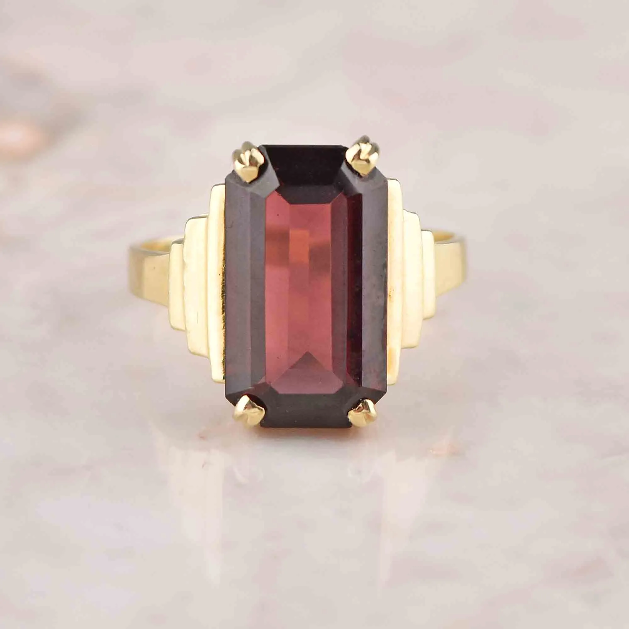 Art Deco Style 14K Gold Garnet Ring, Sz 6