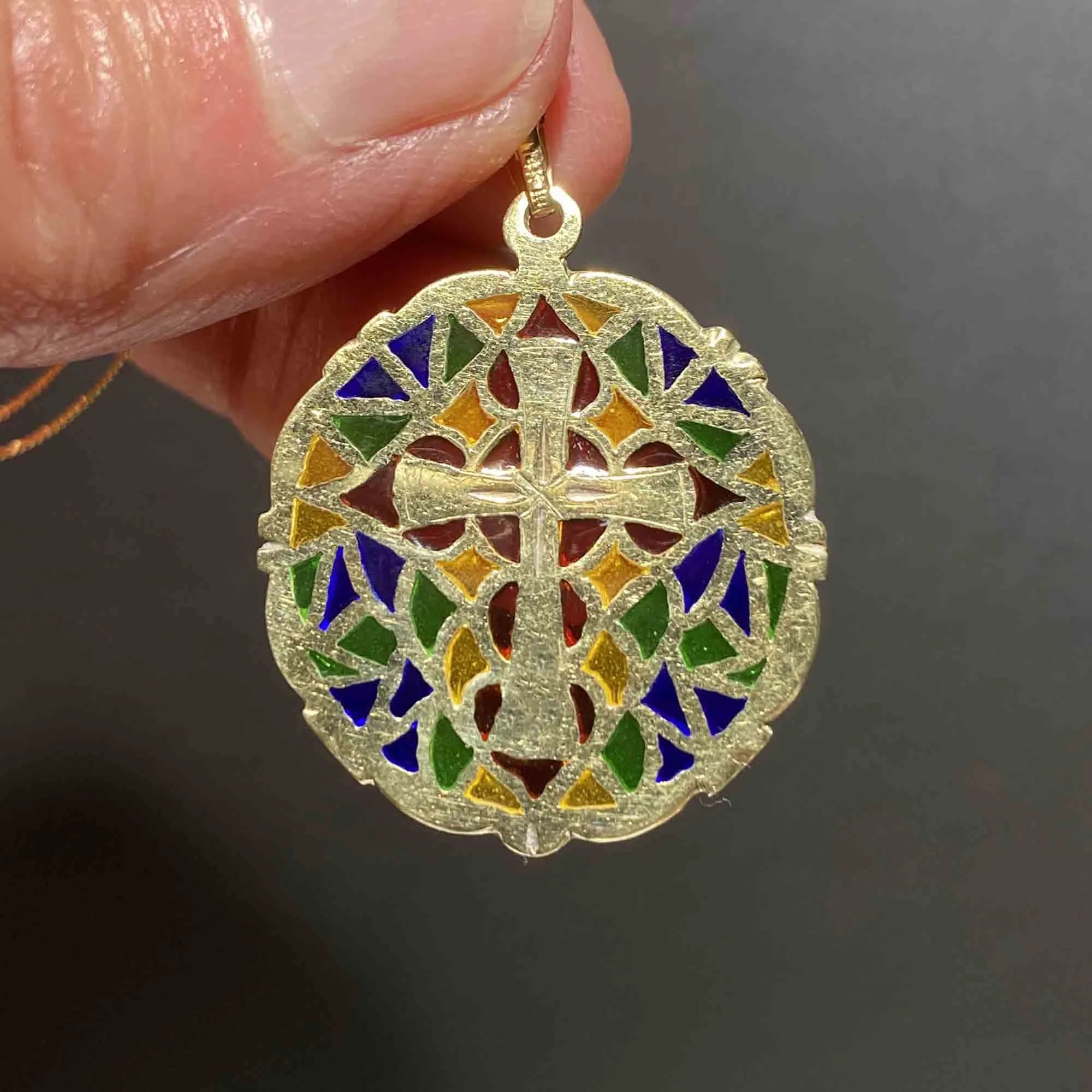 Art Nouveau 14K Gold Plique a Jour Pendant w Cross