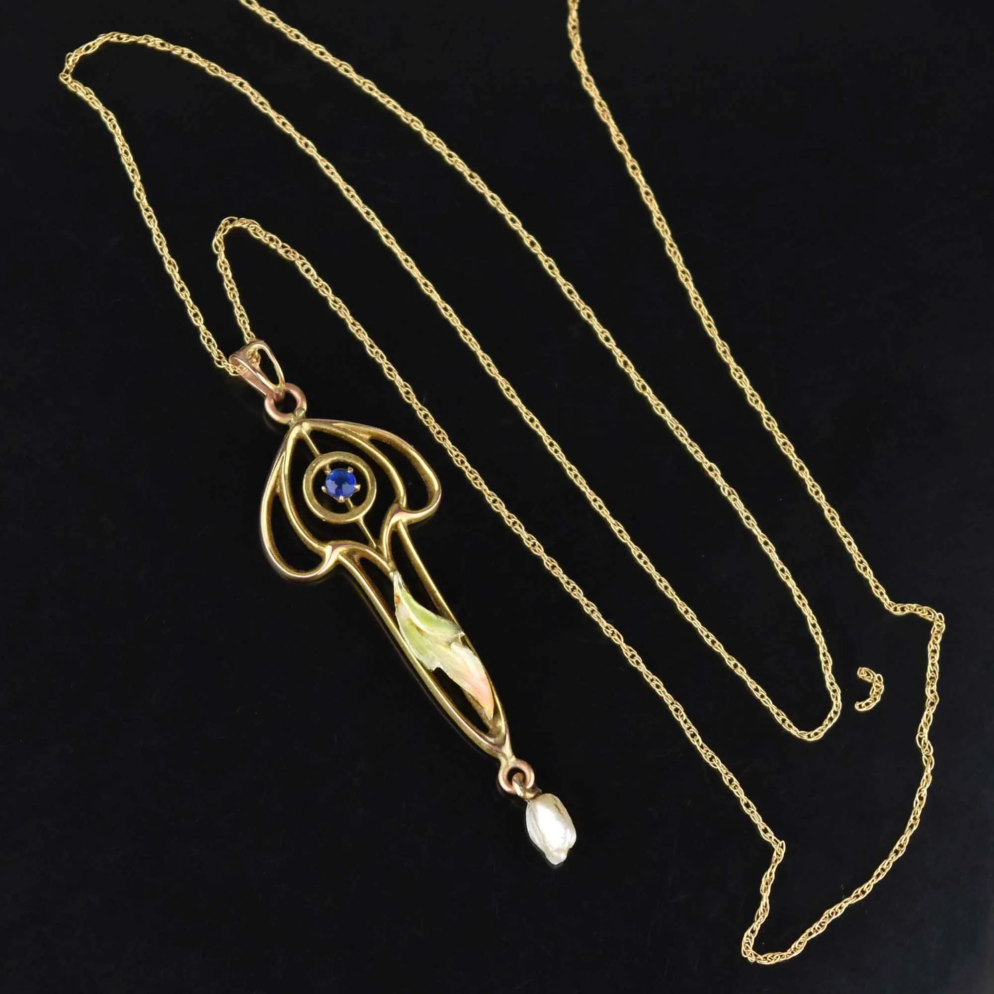 Art Nouveau Enamel Leaf Lavaliere Blue Spinel Necklace