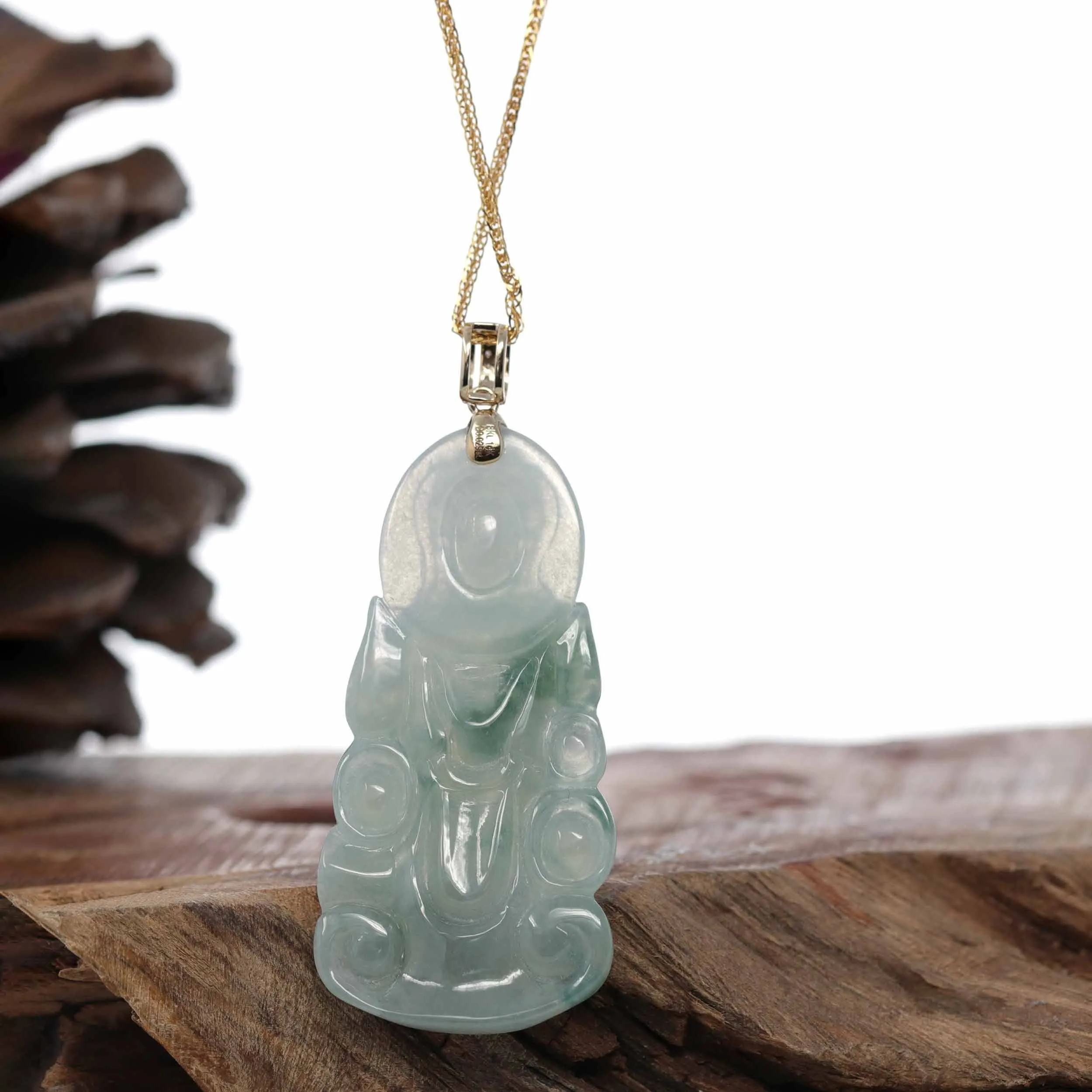 Baikalla 14k Yellow Gold "Goddess of Compassion" Genuine Ice Burmese Jadeite Jade Guanyin Necklace With Gold Bail