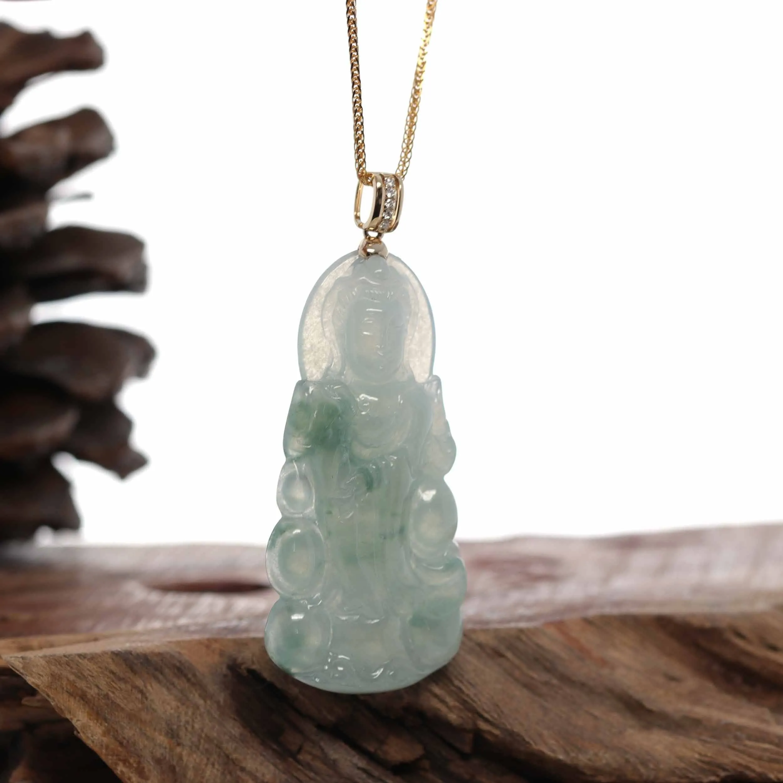 Baikalla 14k Yellow Gold "Goddess of Compassion" Genuine Ice Burmese Jadeite Jade Guanyin Necklace With Gold Bail