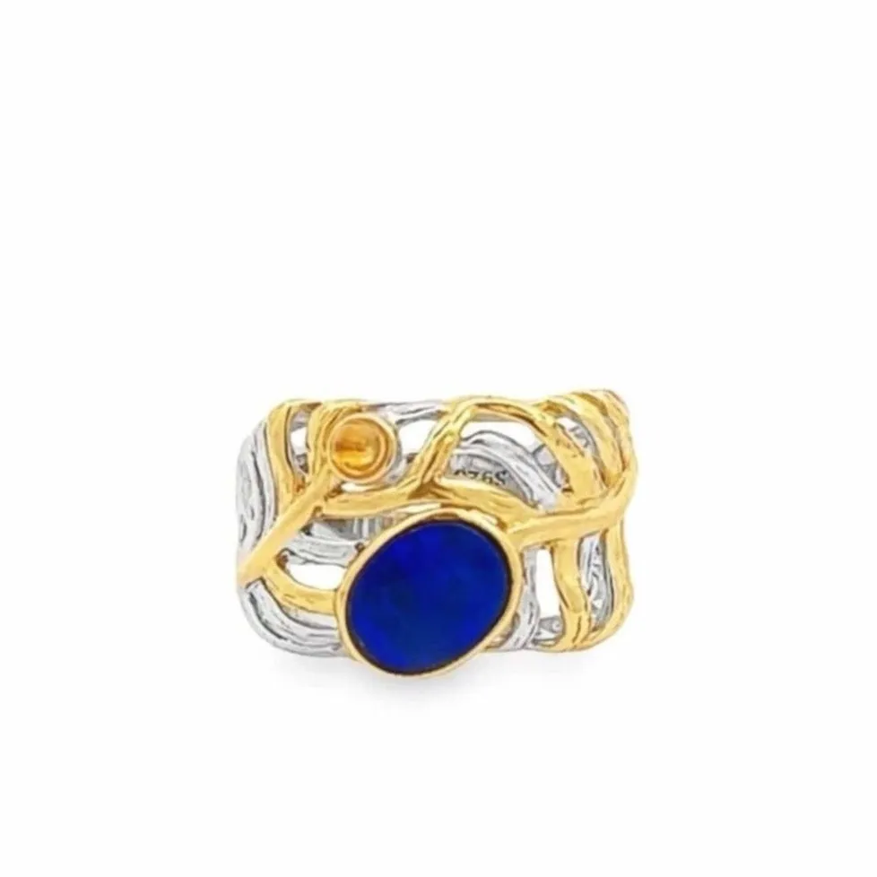 Baikalla Antique Natural Lapis and Agate Sterling Silver Gold Plated Two Tone Ring