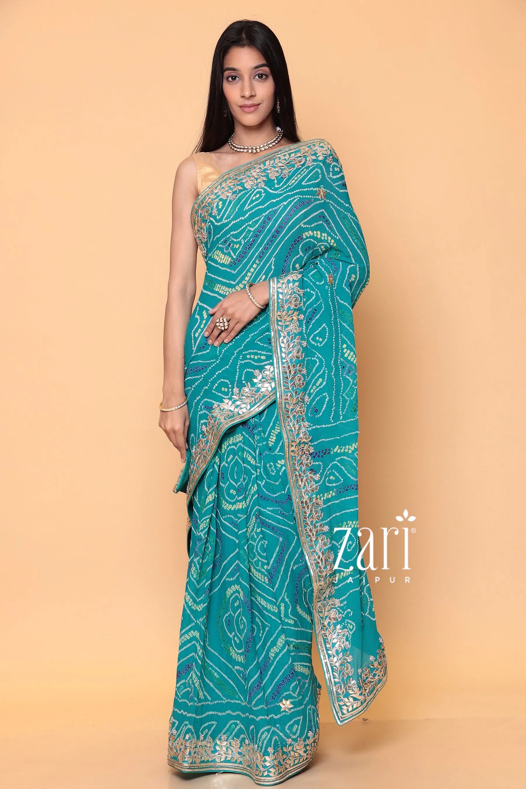 Bandhej Georgette Saree with Dori, Gota, Pearl work.