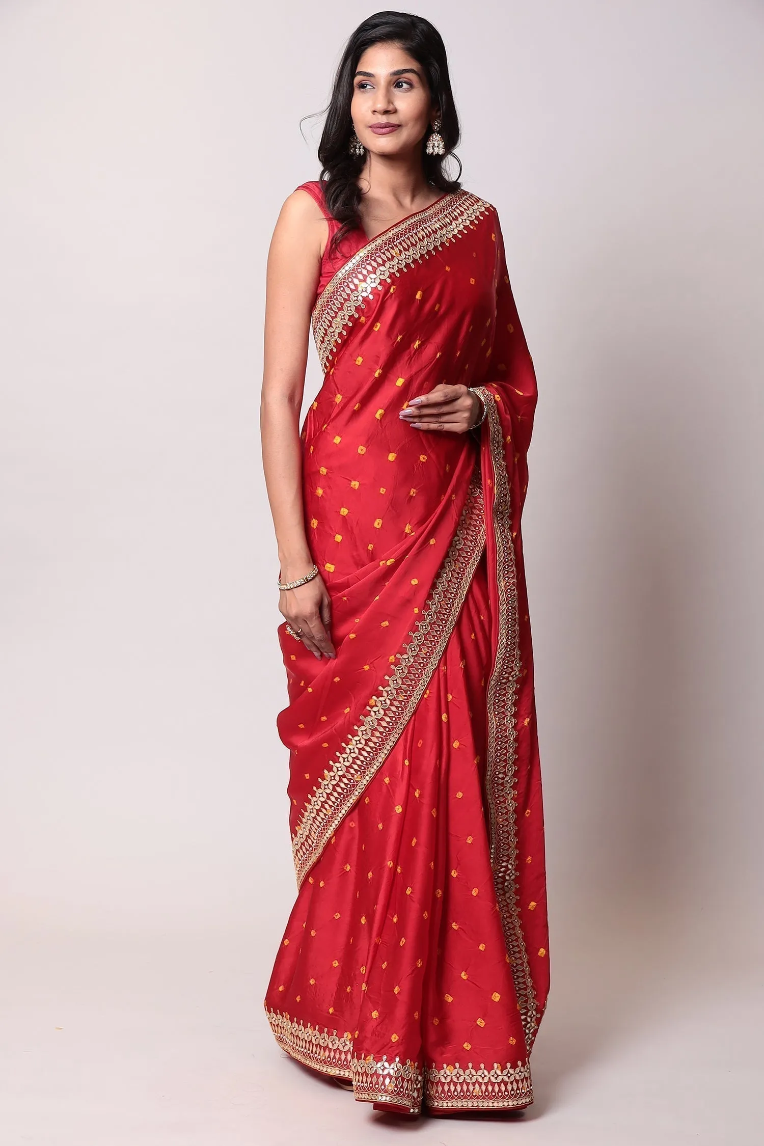 Bandhej Satin Silk Saree with Gota Patti work