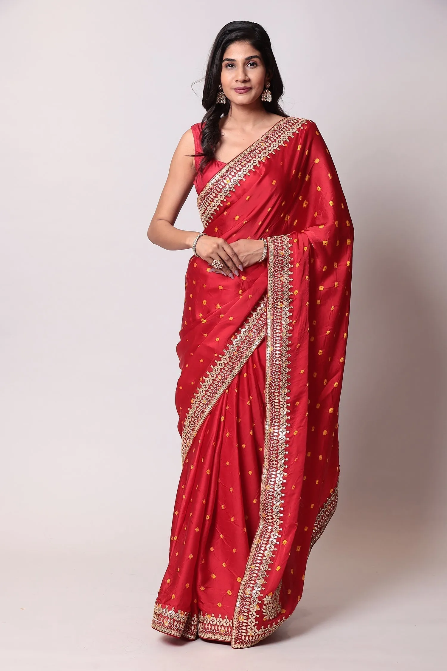 Bandhej Satin Silk Saree with Gota Patti work