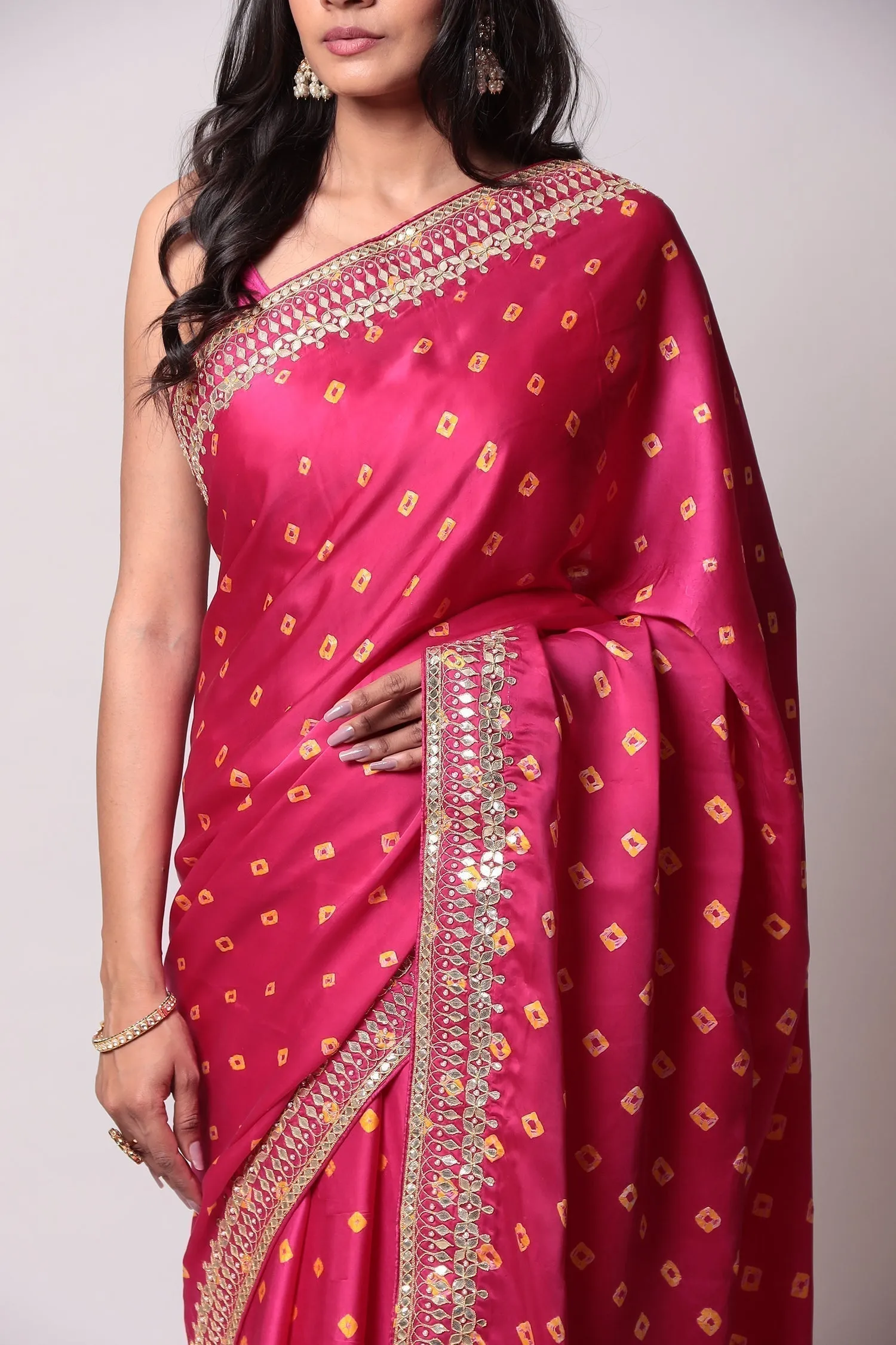 Bandhej Satin Silk Saree with Gota Patti work