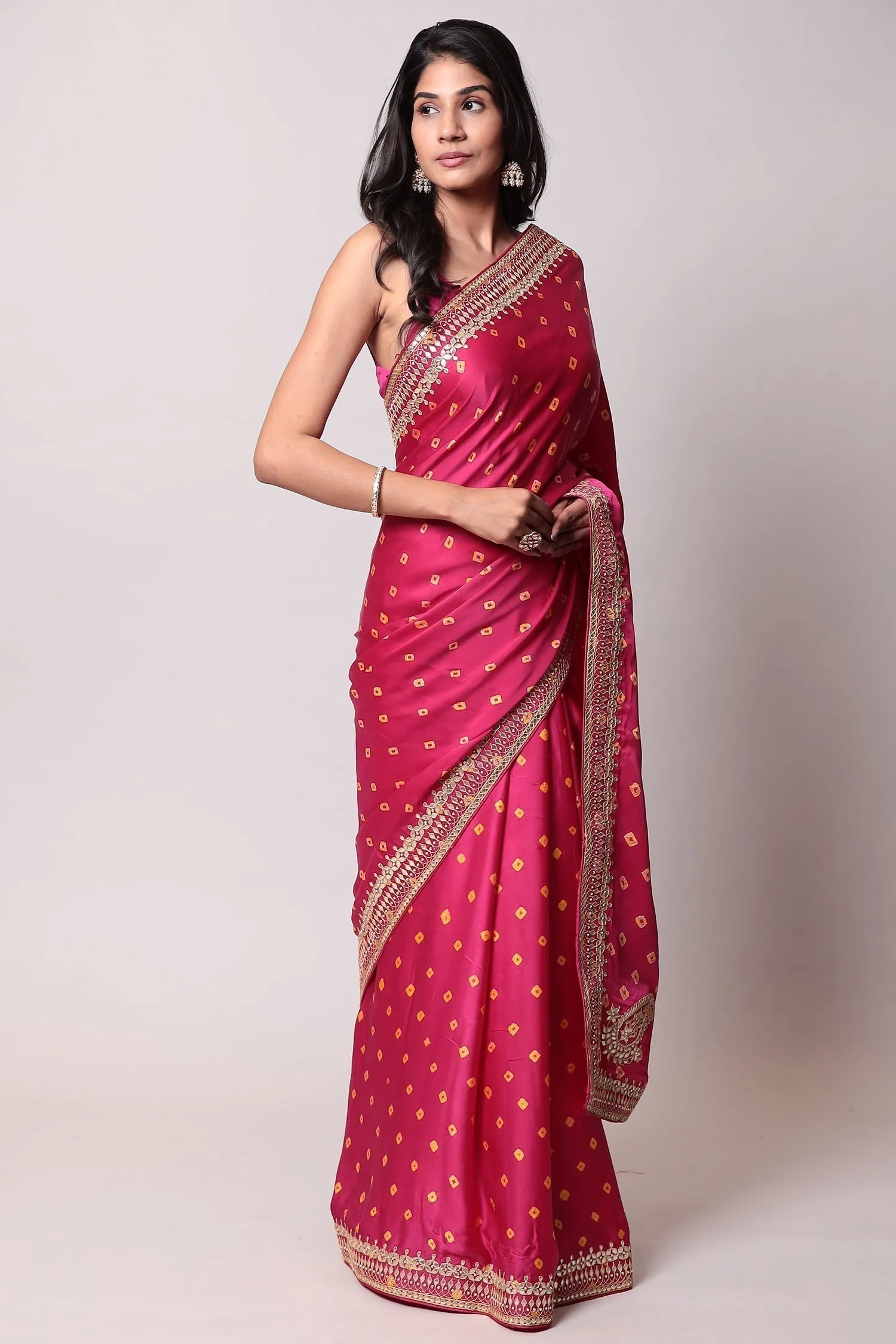 Bandhej Satin Silk Saree with Gota Patti work