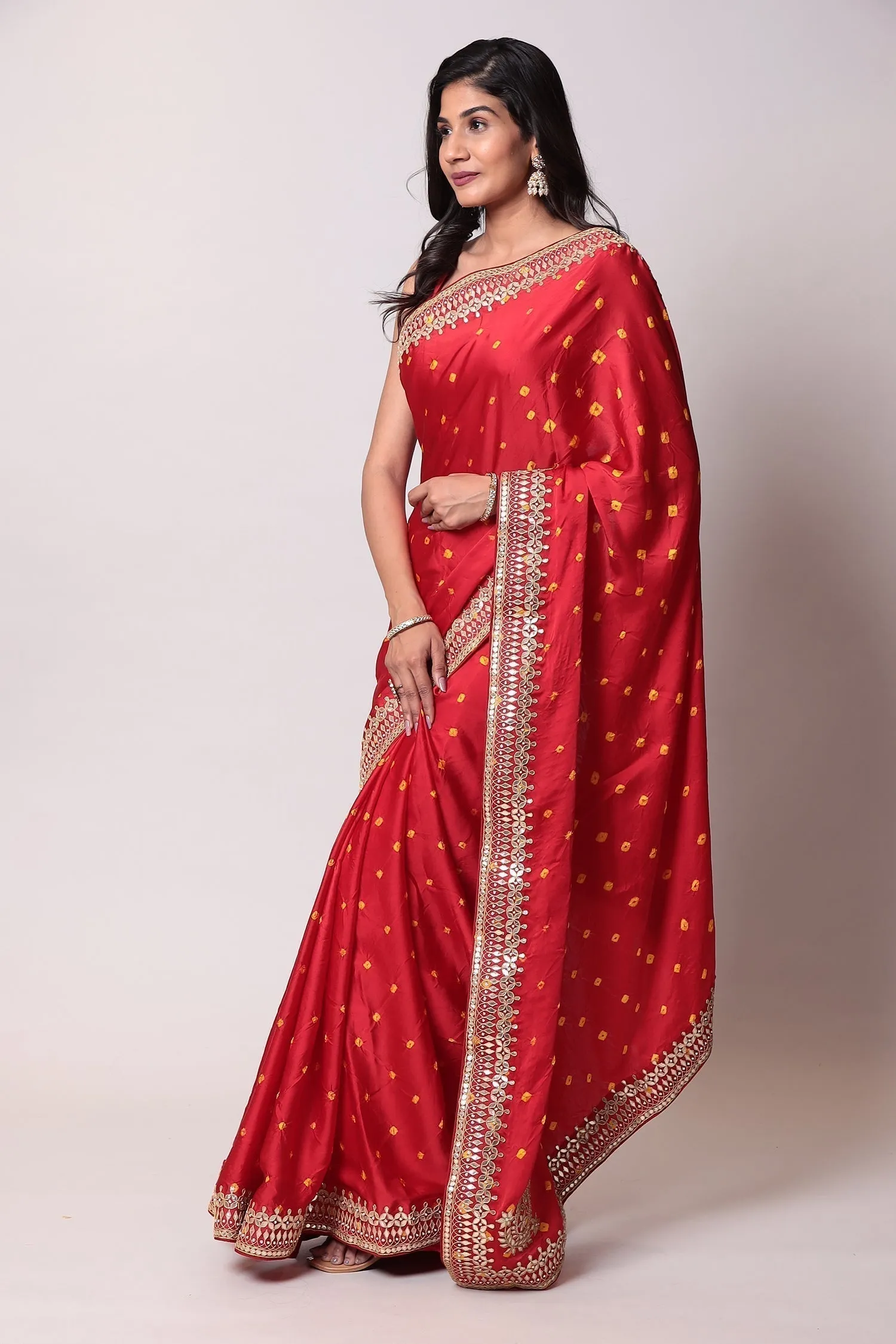 Bandhej Satin Silk Saree with Gota Patti work