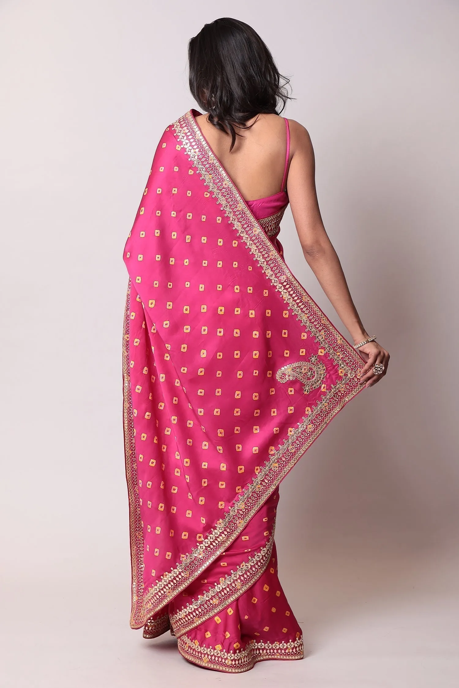 Bandhej Satin Silk Saree with Gota Patti work