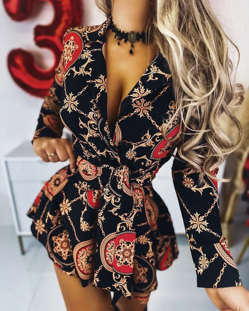 Baroque Print Plunge Tied Detail Ruffles Dress