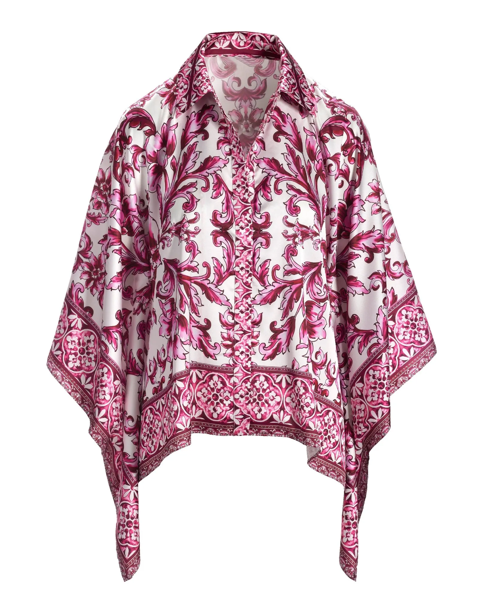 Bella Vita Border Print Roxy Poncho Charmeuse Blouse Pink Multi