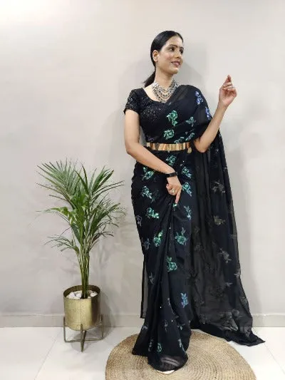 Black Sequence Work 1 Minute Saree Georgette Ready to Wear Sari