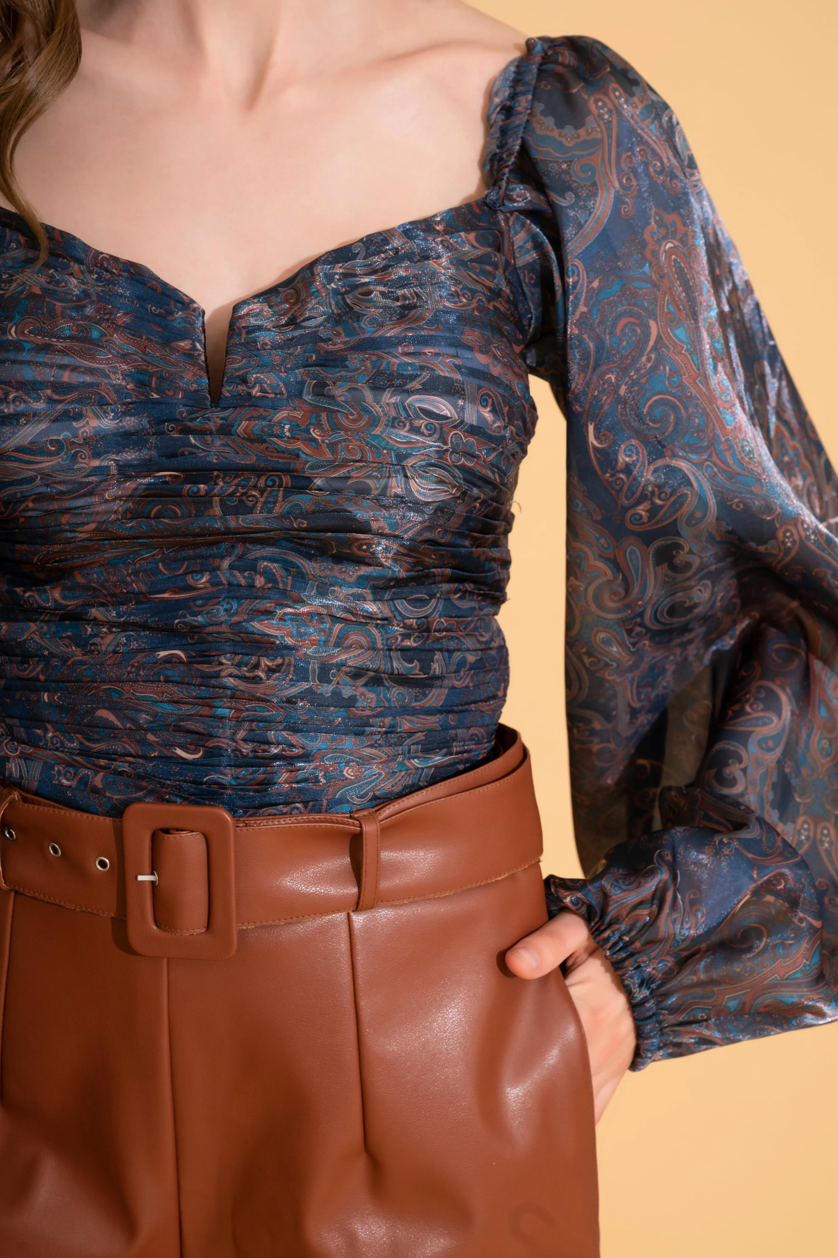 Blue Organza Blouse and Brown Shorts Co-ord Set