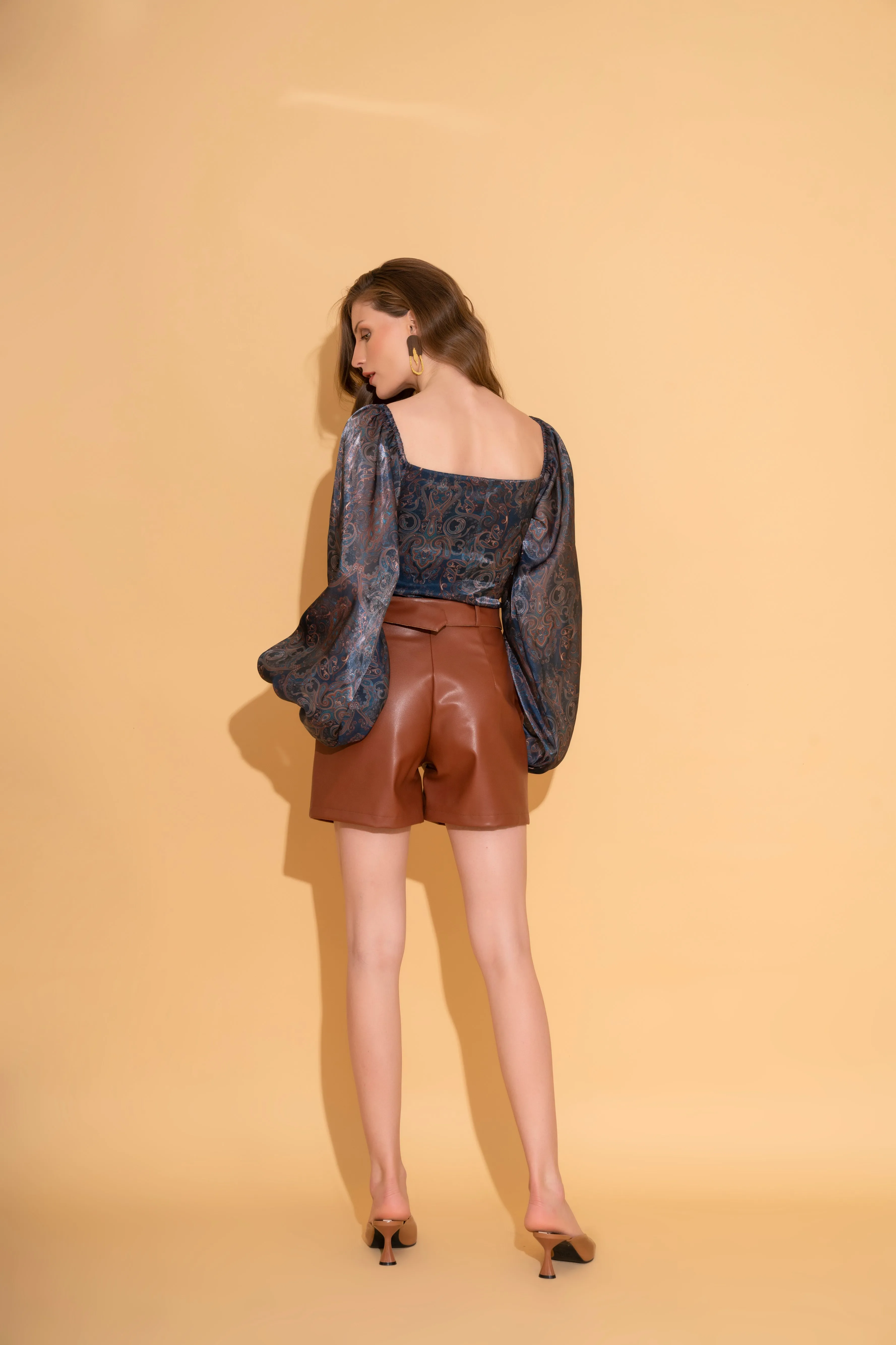 Blue Organza Blouse and Brown Shorts Co-ord Set