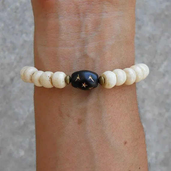 Bone Prayer Beads and Black Hand Painted Guru Bead Bracelet *Final Sale*