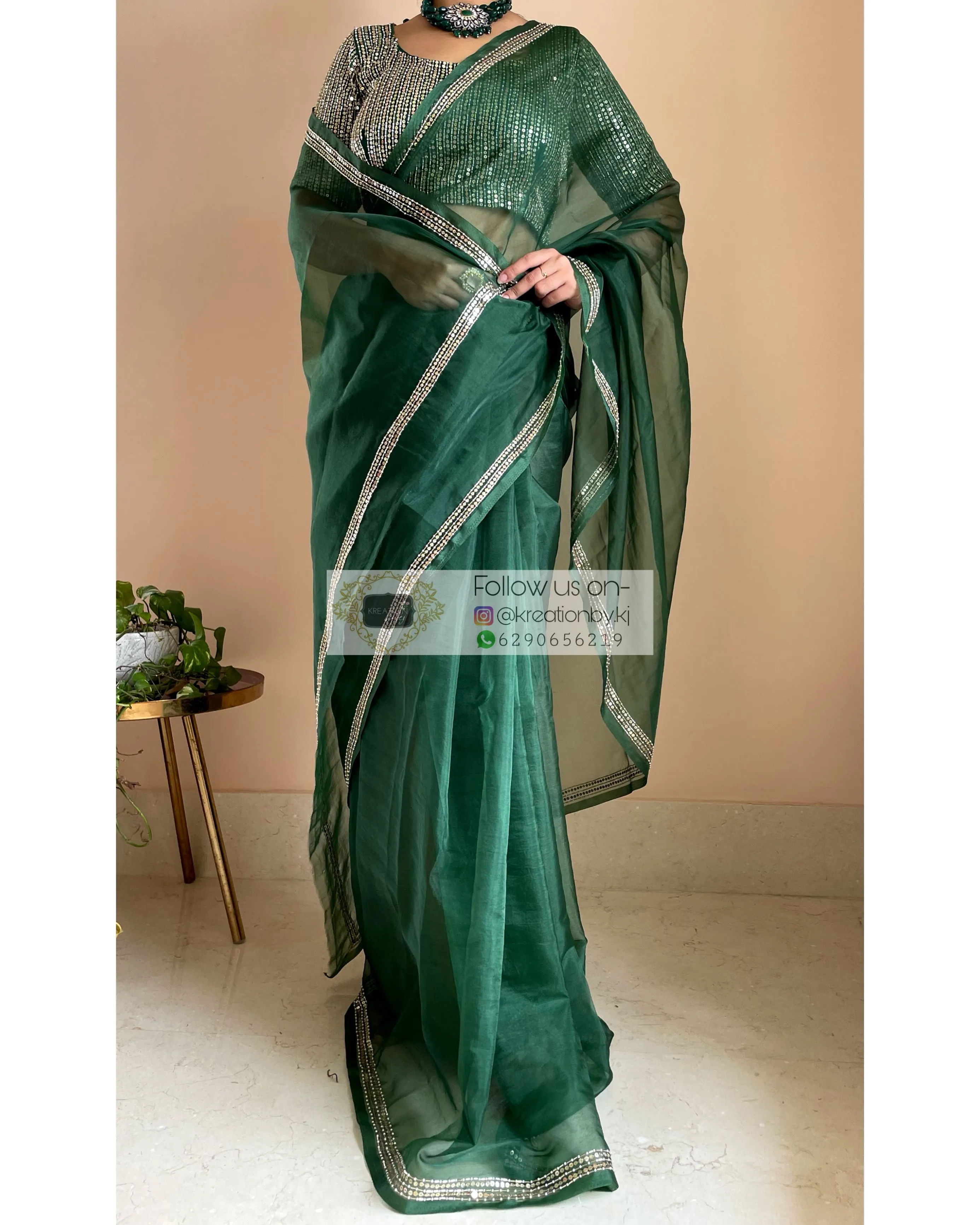 Bottle Green Organza Saree with Heavy Blouse