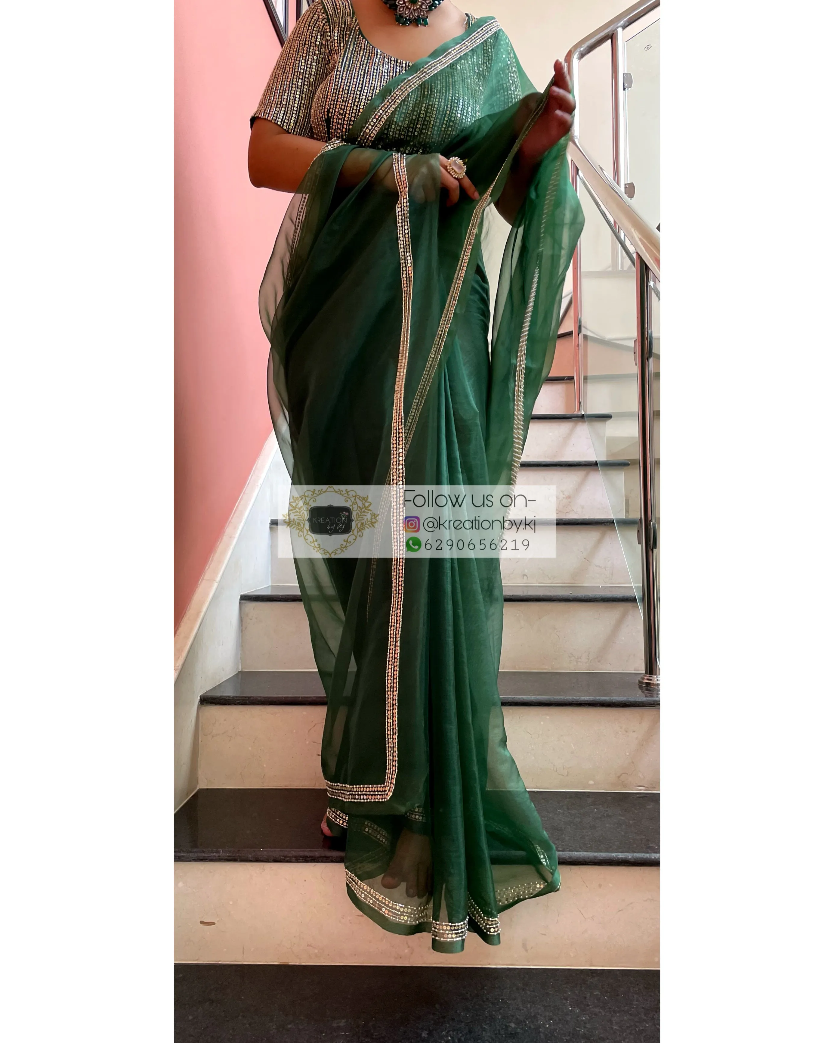 Bottle Green Organza Saree with Heavy Blouse