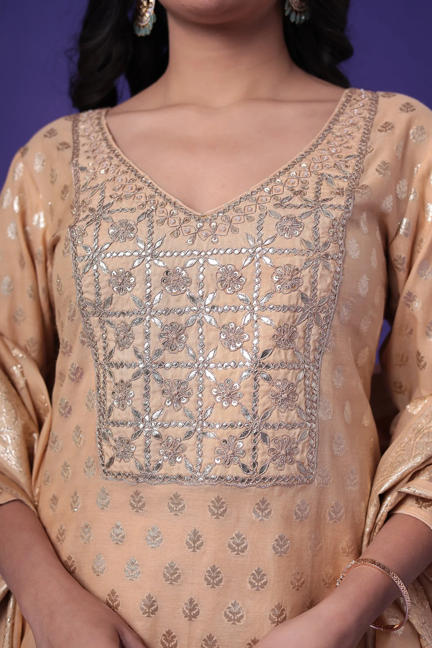 Chanderi Straight Suit with Dori and Embroidered work