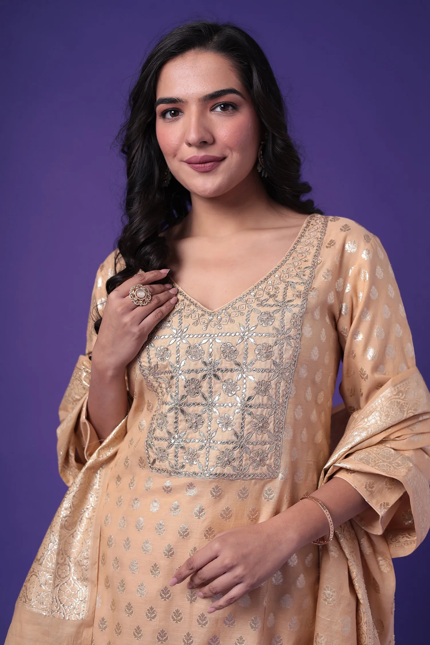 Chanderi Straight Suit with Dori and Embroidered work