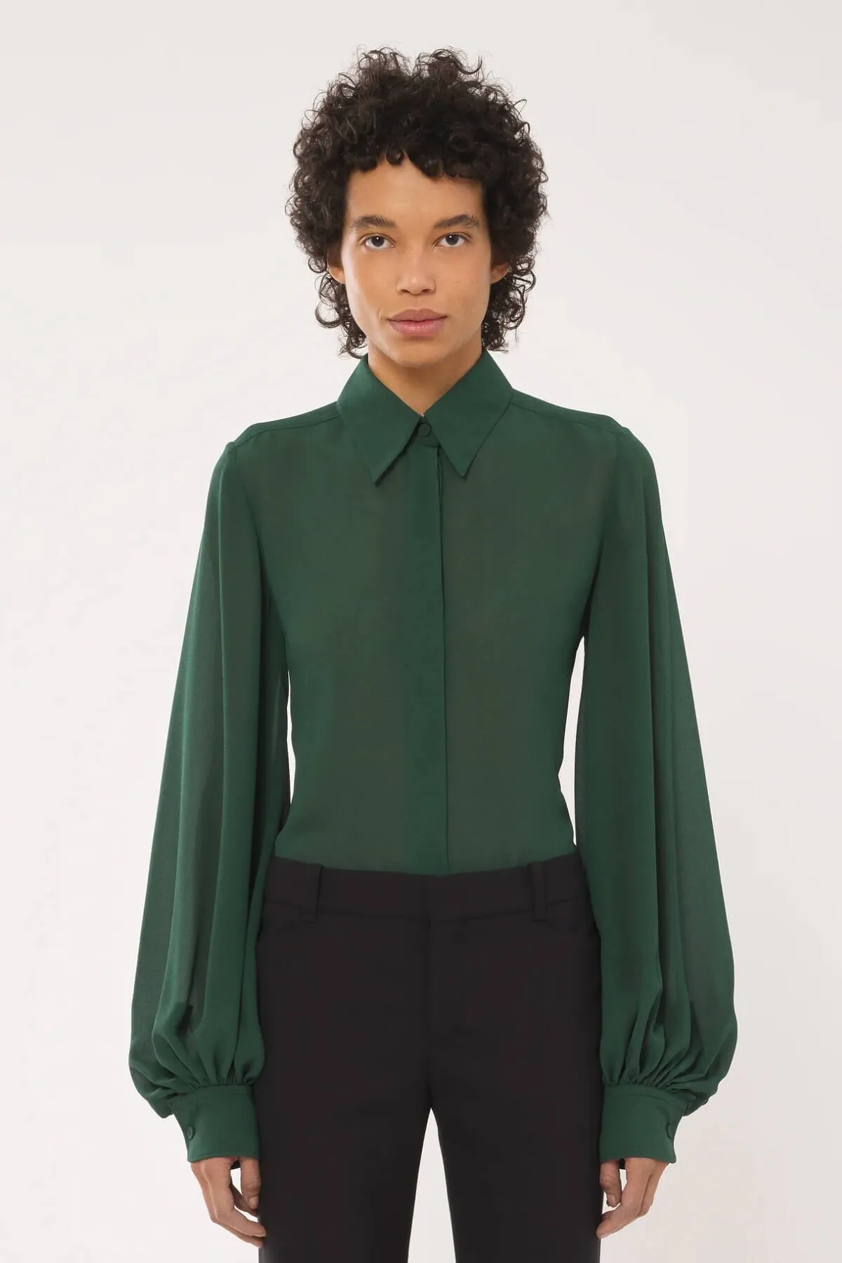 Chloé Gathered Sleeve Silk Shirt - Dark Pine