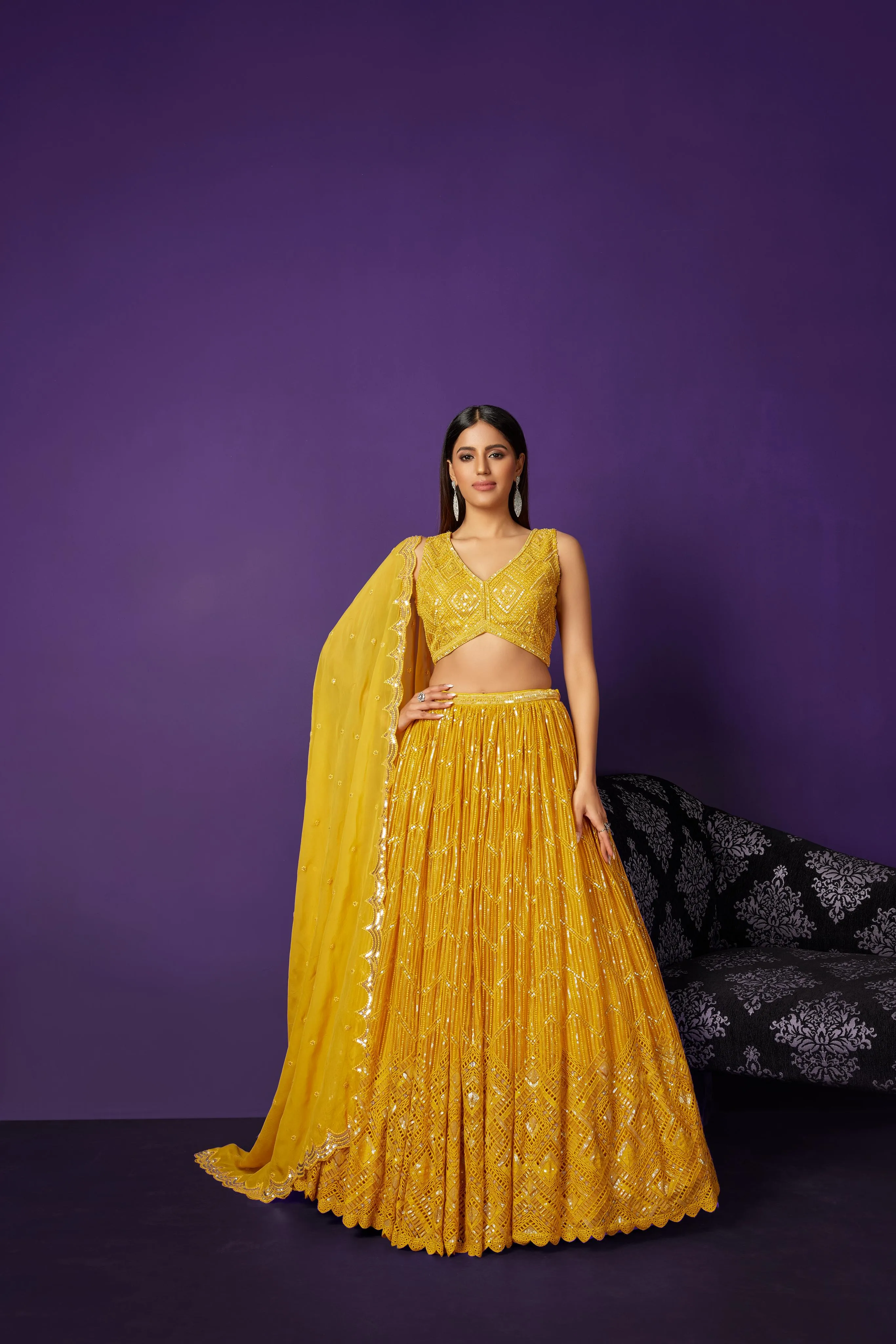 Classic Yellow Embroidered Premium Net Lehenga Set