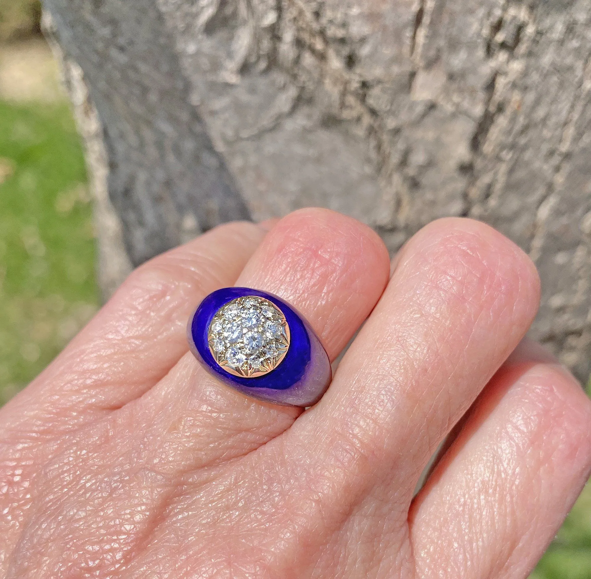 Cobalt Blue Enamel 14K Gold Diamond Dome Cocktail Ring