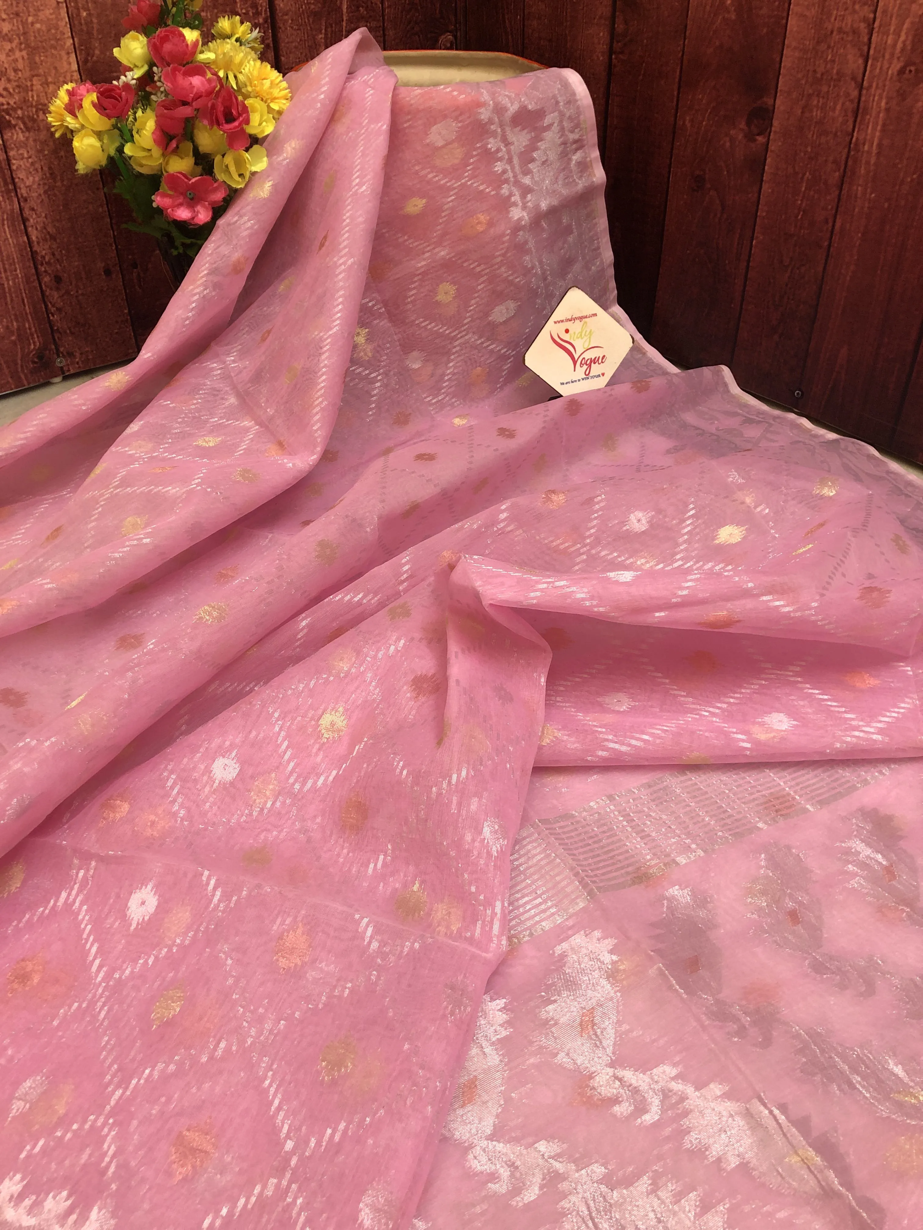 Cotton Candy Pink Color Jamdani Saree