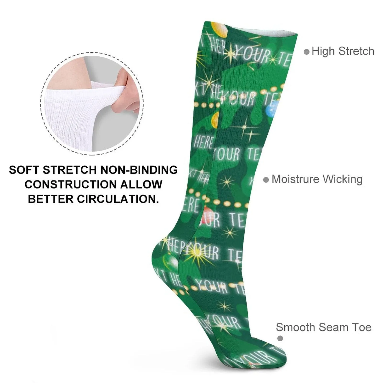 Custom Text Green Background Sublimated Crew Socks Personalized Socks Gift for Christmas