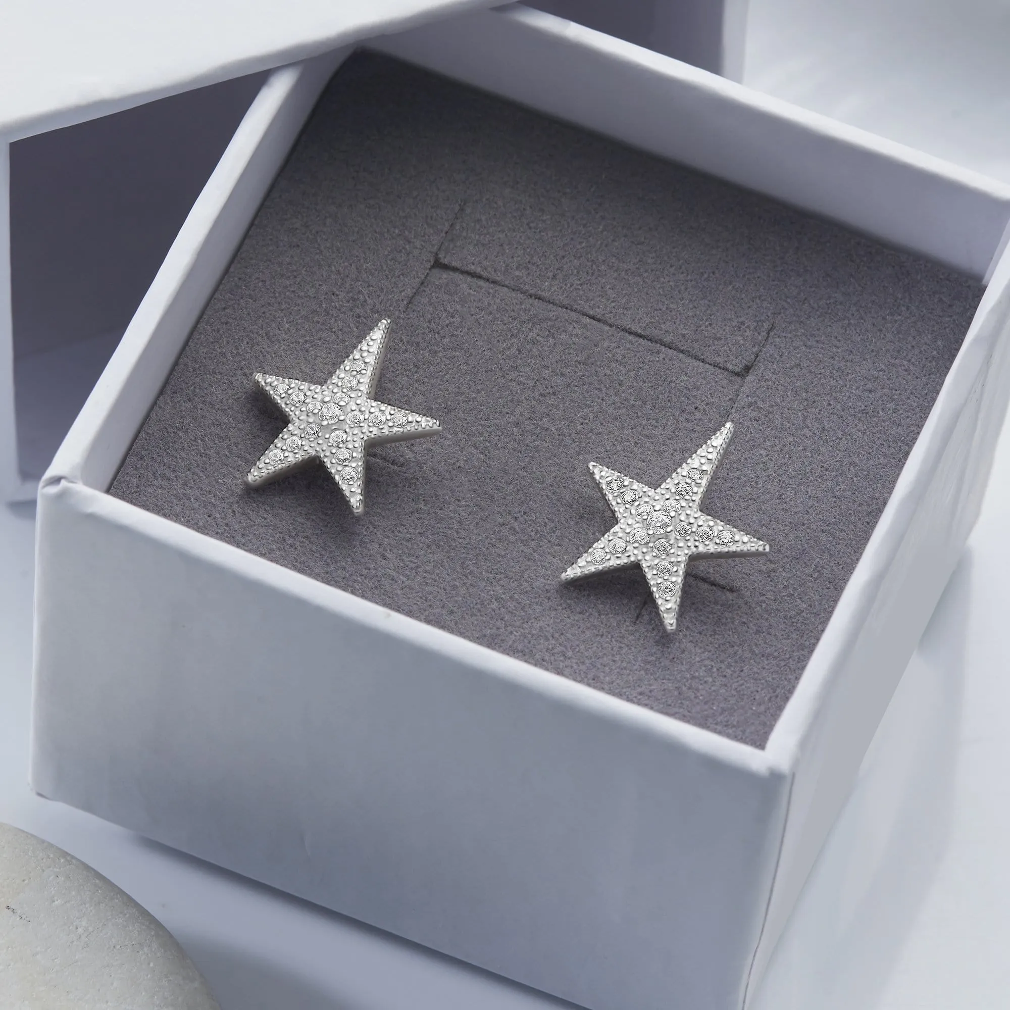 CZ Star Earrings, Sterling Silver Stud Earrings