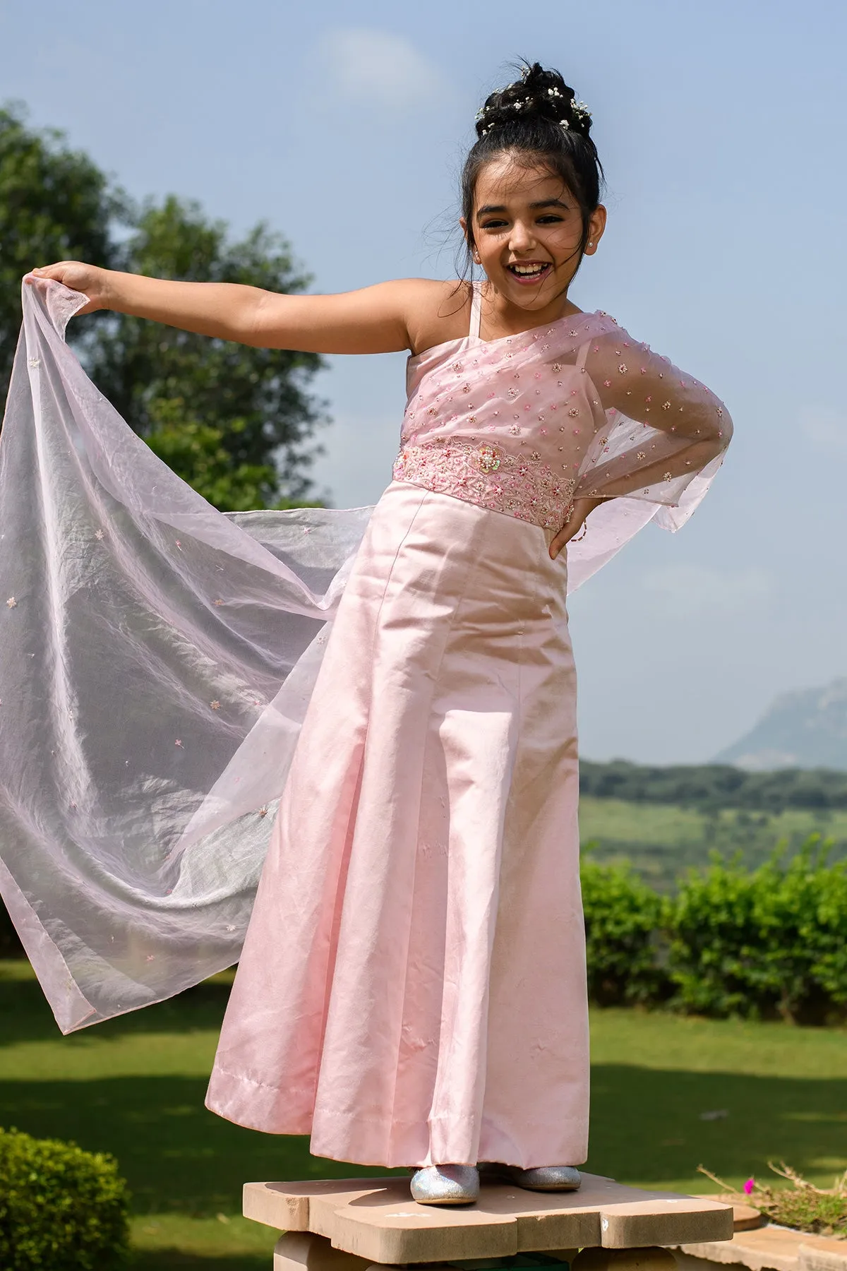 DELILAH - Embroidered German Satin Pink Gown