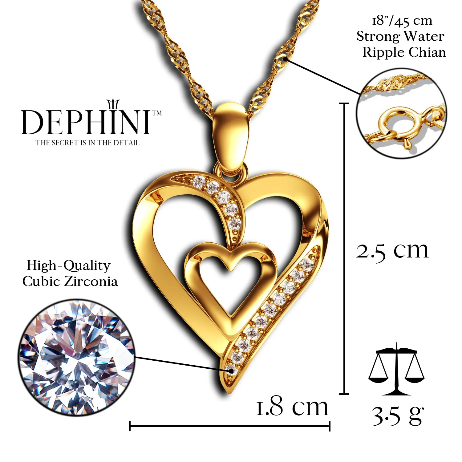 DEPHINI Gold Heart Necklace 18ct Yellow Gold Heart Pendant CZ Crystals