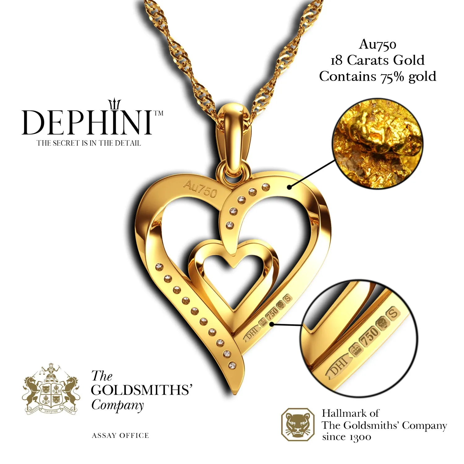 DEPHINI Gold Heart Necklace 18ct Yellow Gold Heart Pendant CZ Crystals