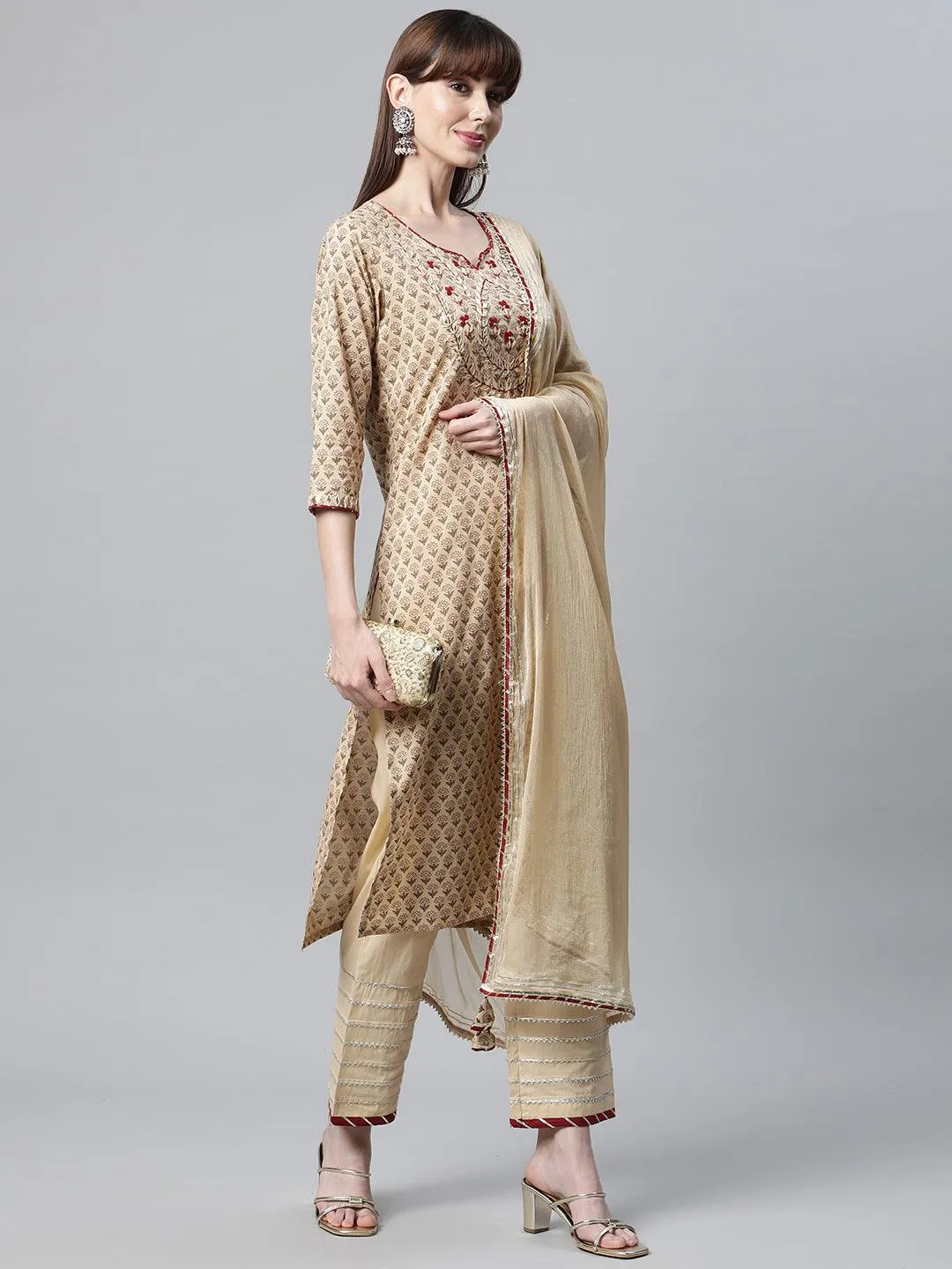 Divena Beige Color Cotton Straight Kurta Pant Set with Dupatta