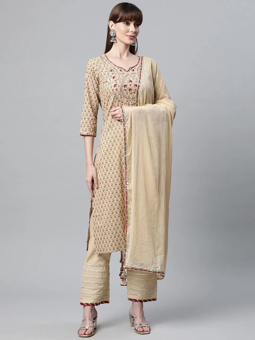 Divena Beige Color Cotton Straight Kurta Pant Set with Dupatta