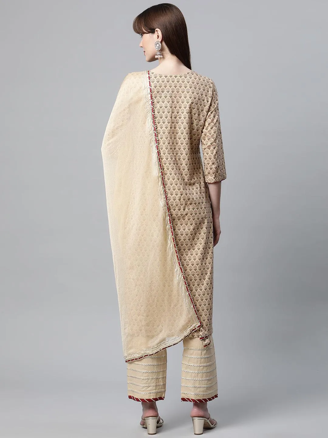 Divena Beige Color Cotton Straight Kurta Pant Set with Dupatta