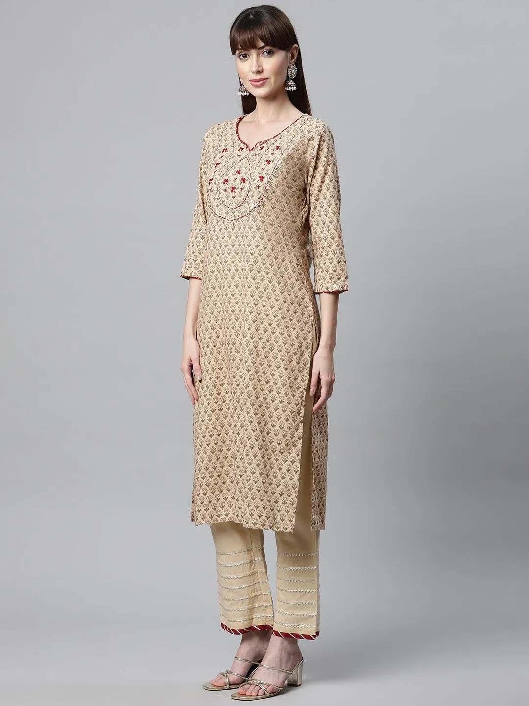 Divena Beige Color Cotton Straight Kurta Pant Set with Dupatta