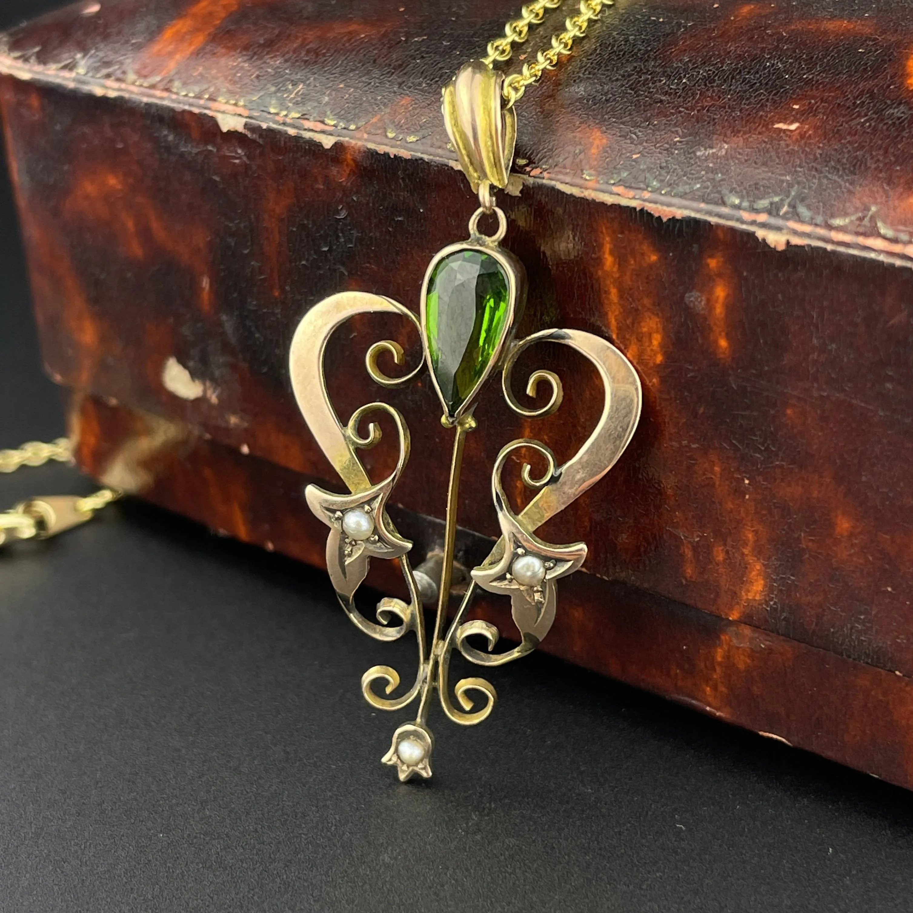 Edwardian Gold Tourmaline Seed Pearl Lavalier Pendant