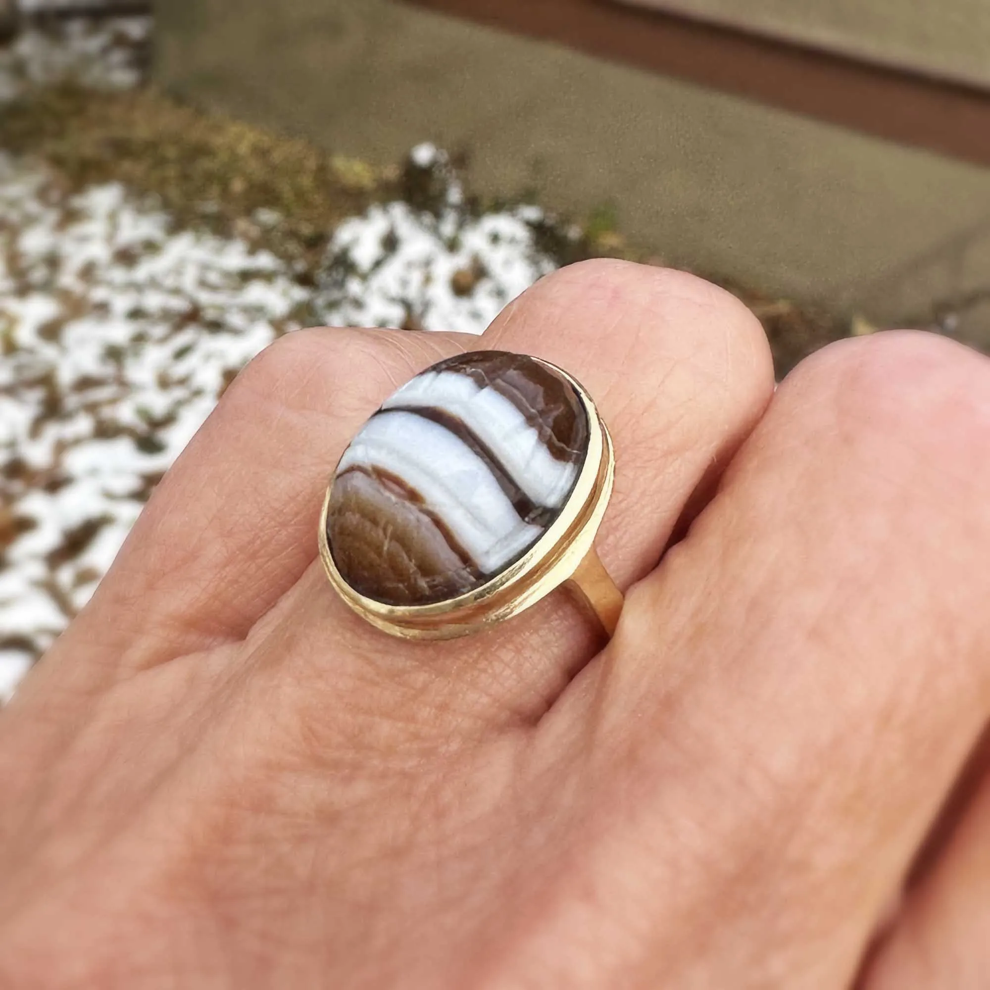 Egyptian Revival 14K Gold Banded Agate Scarab Ring