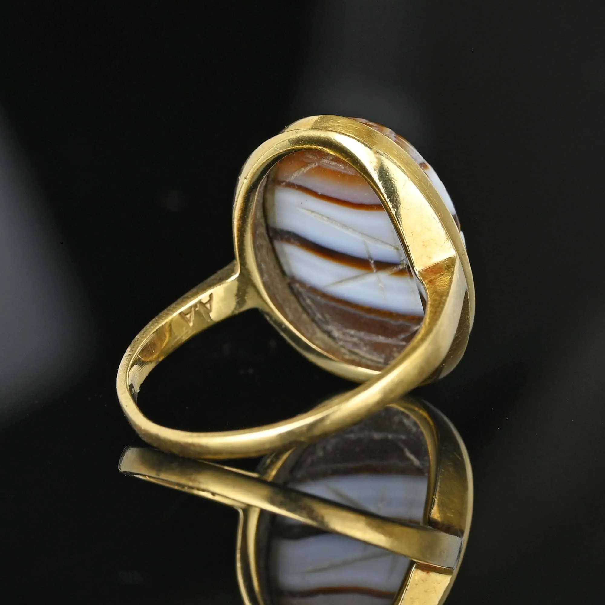 Egyptian Revival 14K Gold Banded Agate Scarab Ring