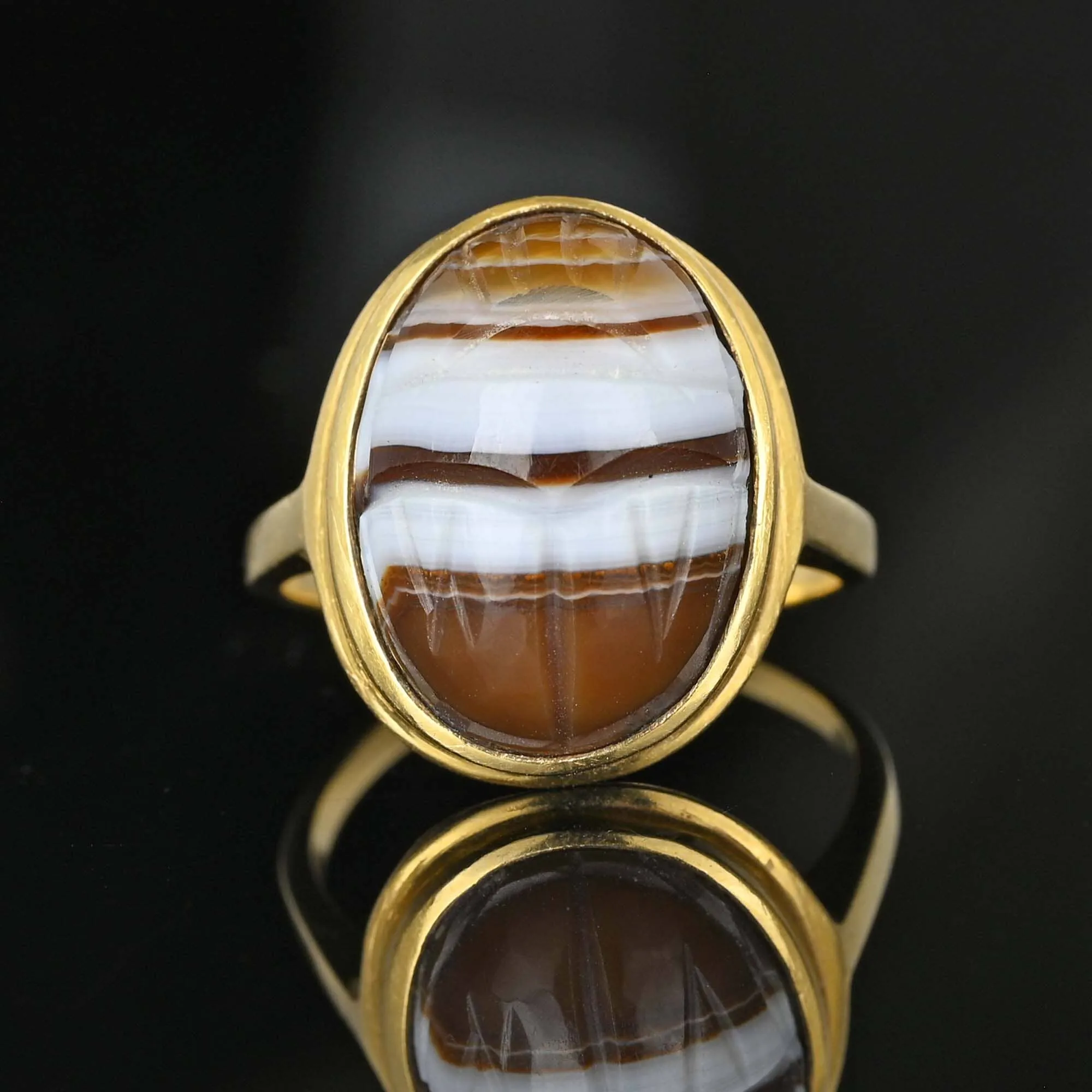 Egyptian Revival 14K Gold Banded Agate Scarab Ring