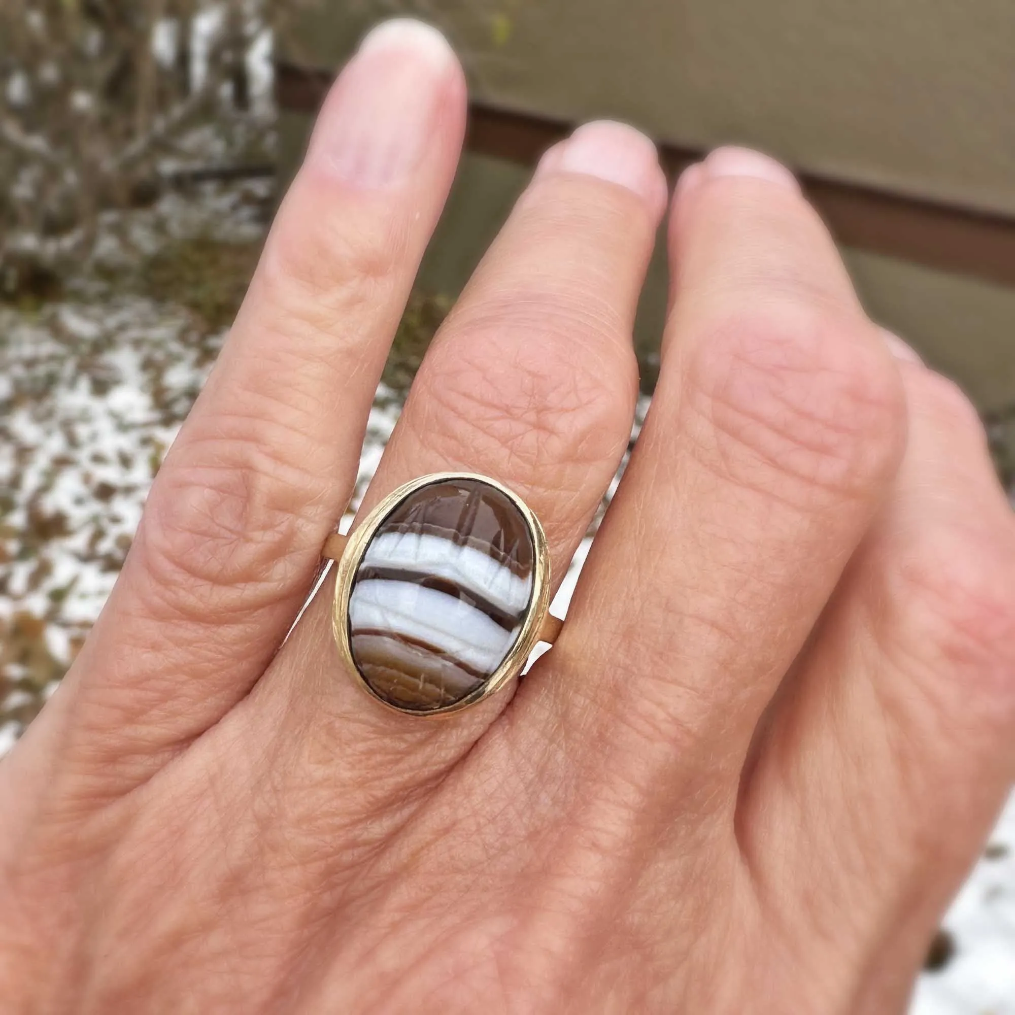 Egyptian Revival 14K Gold Banded Agate Scarab Ring