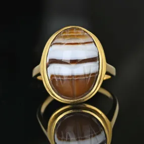 Egyptian Revival 14K Gold Banded Agate Scarab Ring