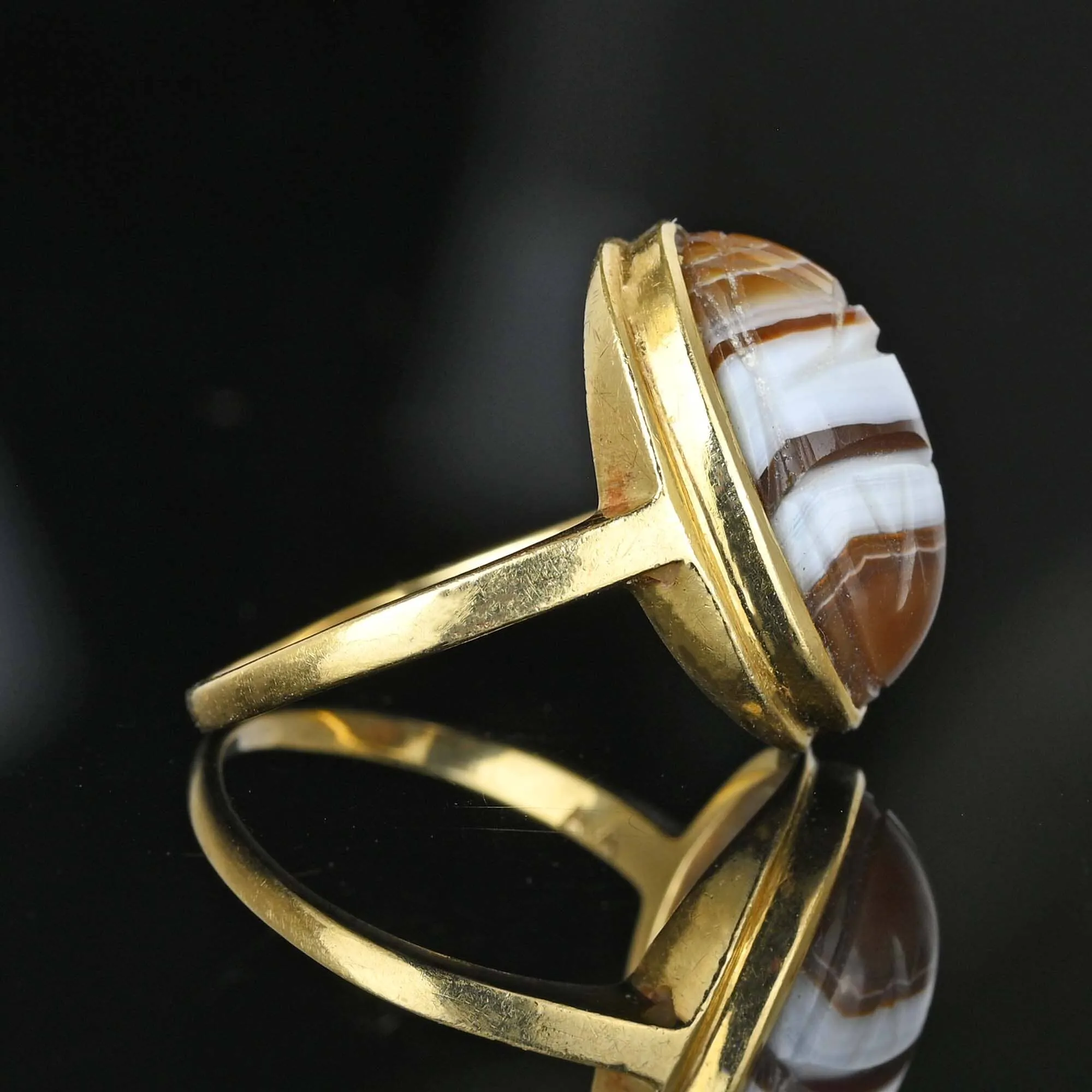 Egyptian Revival 14K Gold Banded Agate Scarab Ring