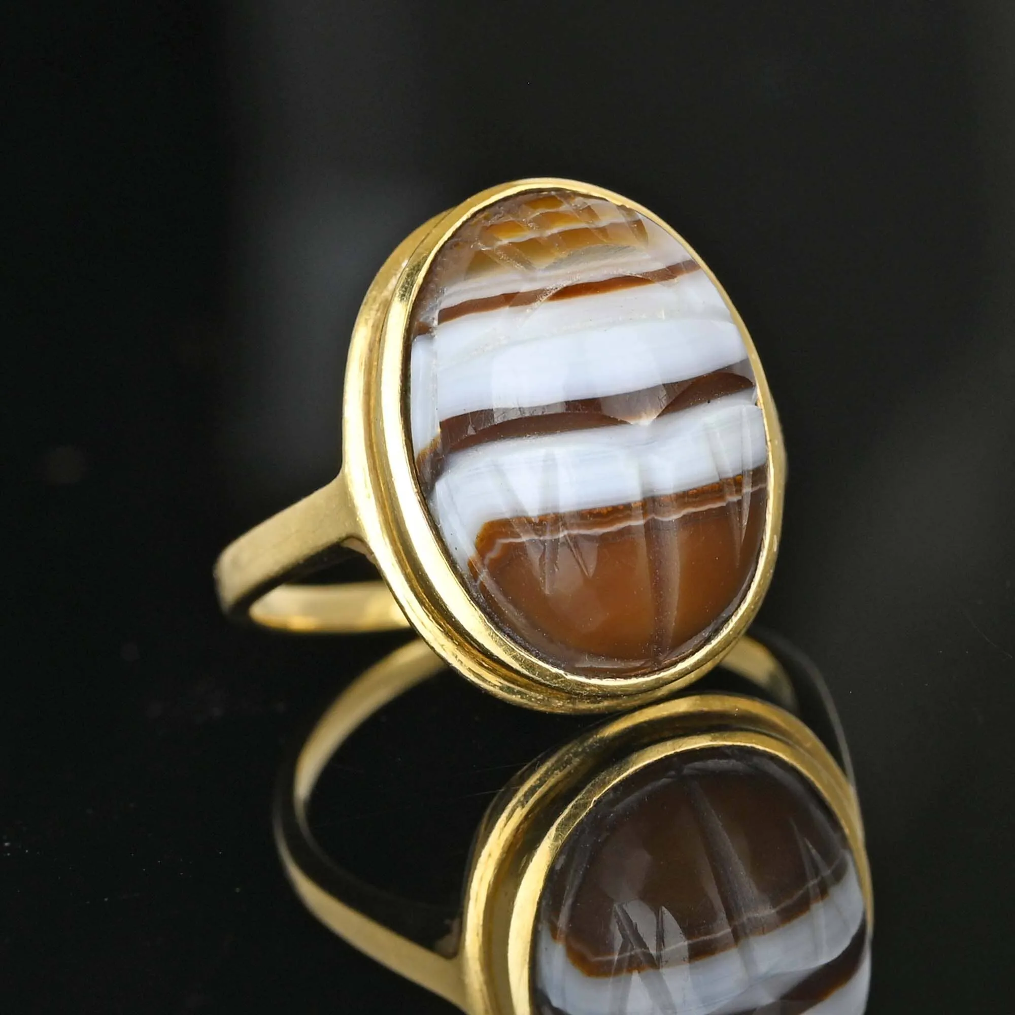 Egyptian Revival 14K Gold Banded Agate Scarab Ring