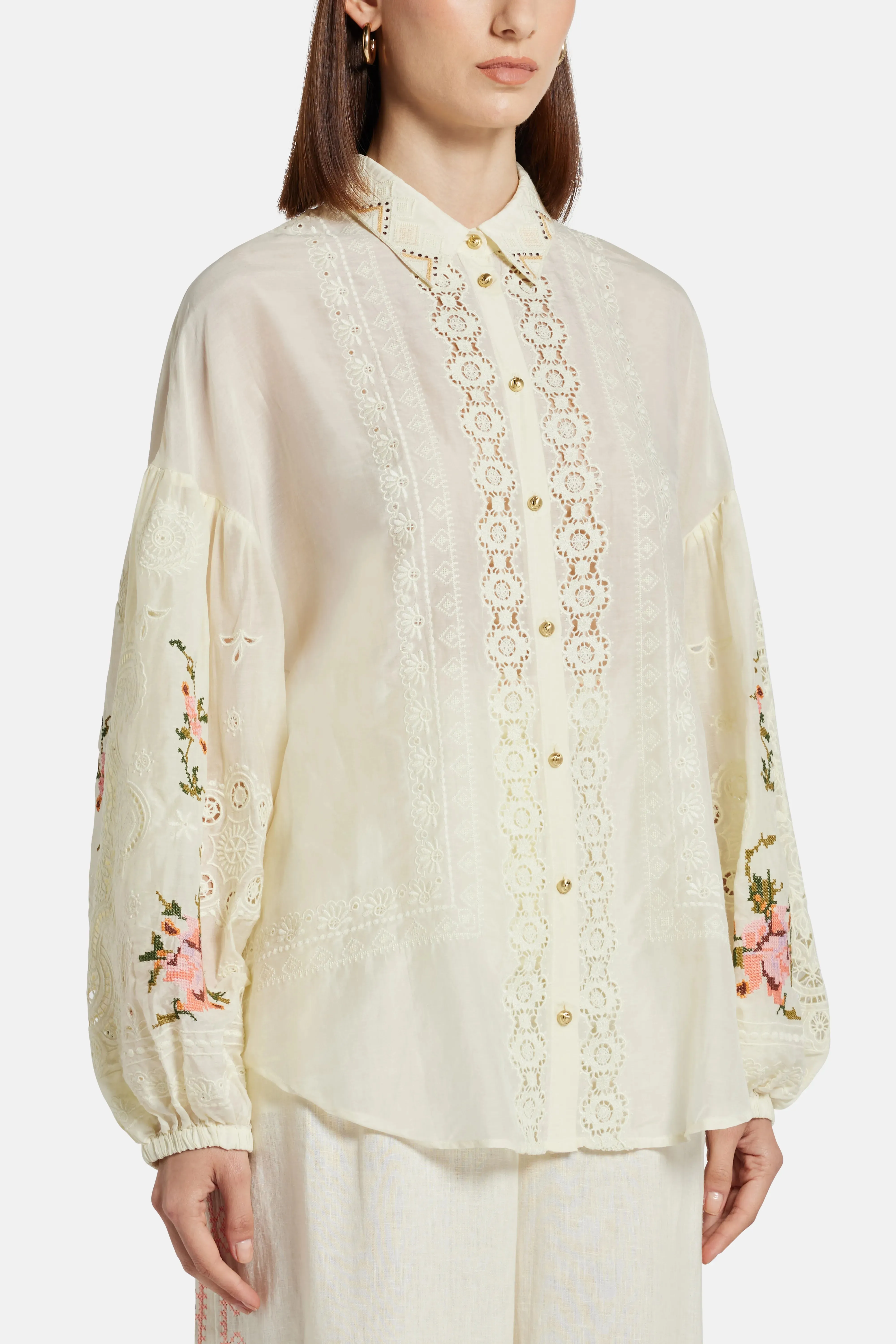 Embroidered Balloon Sleeve Shirt Blouse